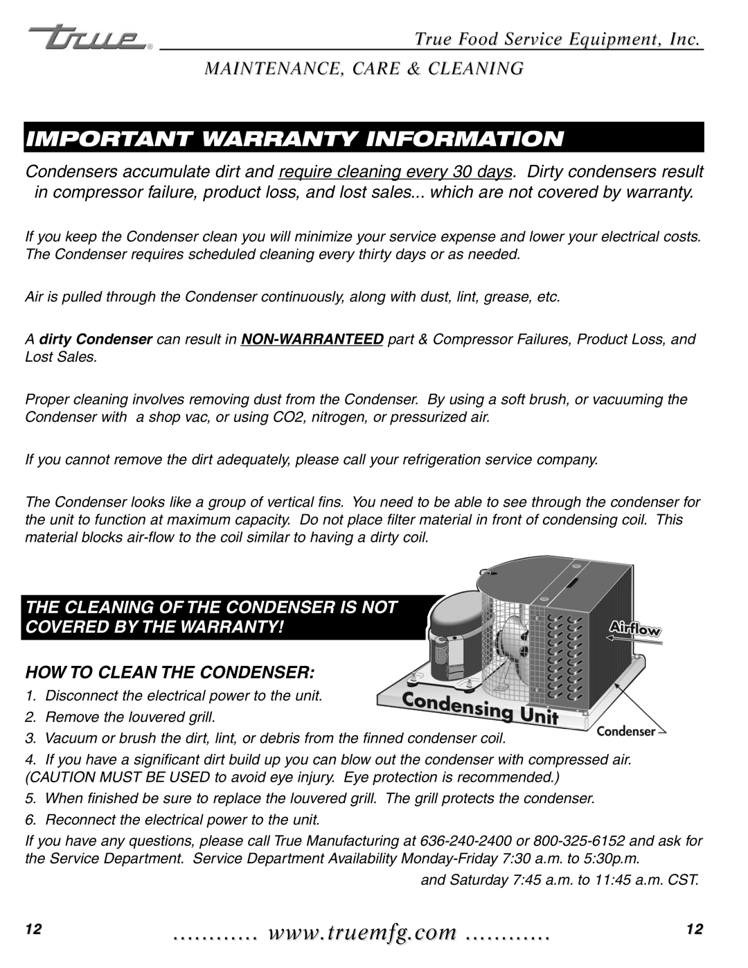 True Manufacturing Company TWT-44F-HD, TWT-60F, TUC-48F-D-4, TUC-27FG installation manual Important Warranty Information 