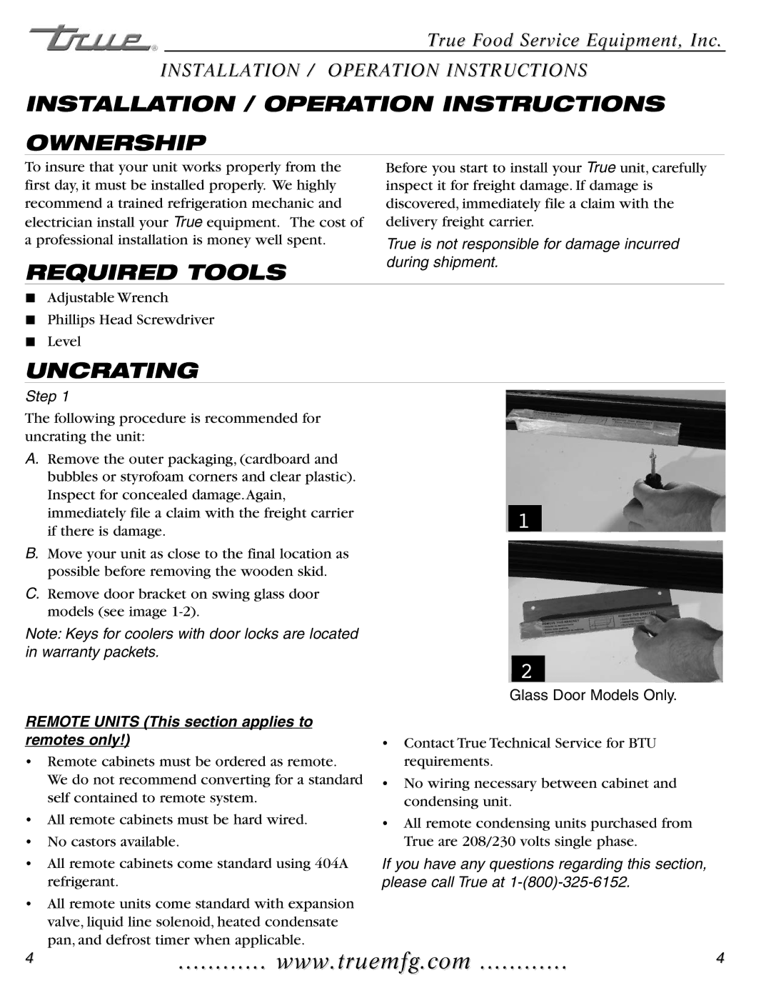 True Manufacturing Company TWT-44F-HD, TWT-60F Installation / Operation Instructions Ownership, Required Tools, Uncrating 