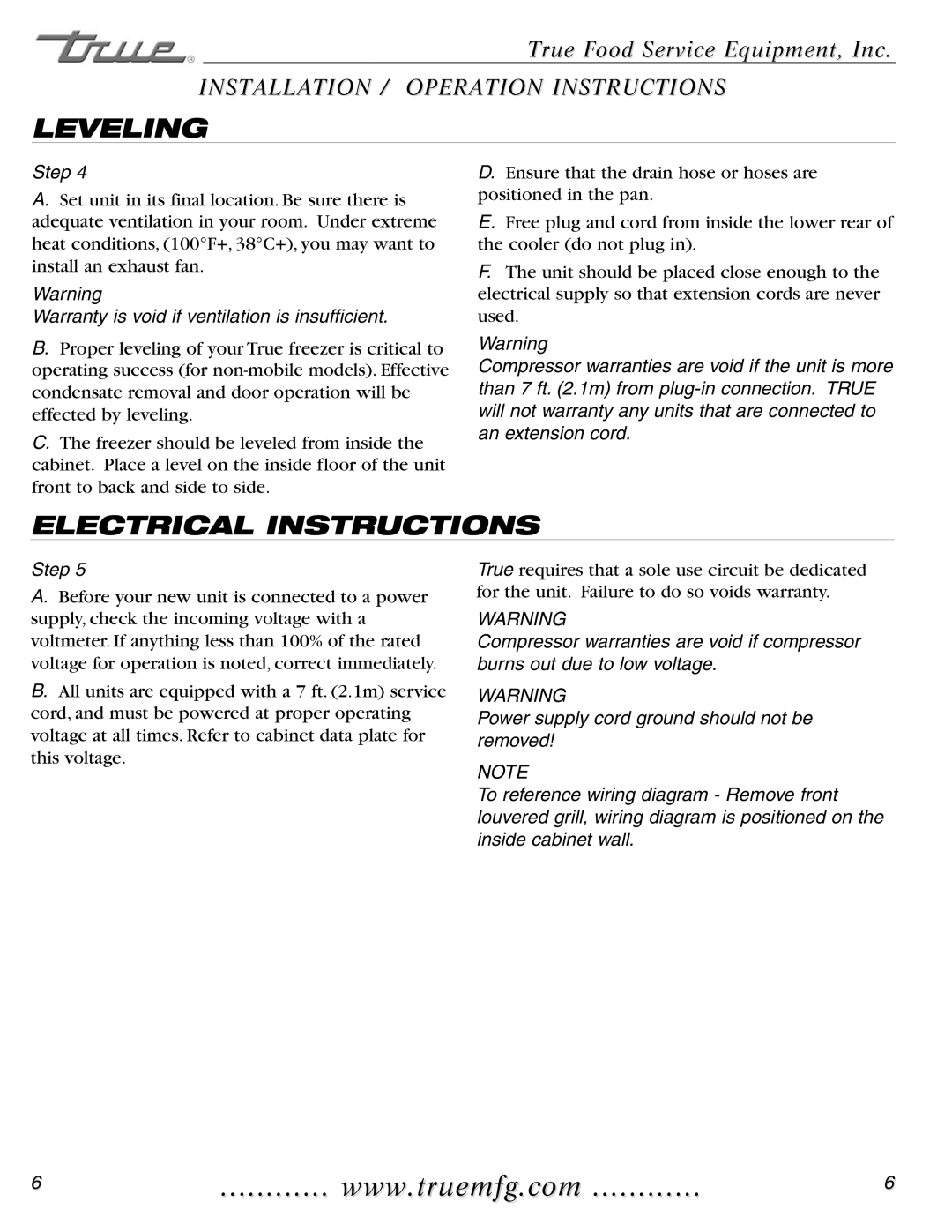 True Manufacturing Company TWT-60F, TUC-48F-D-4, TWT-44F-HD, TUC-27FG installation manual Leveling, Electrical Instructions 