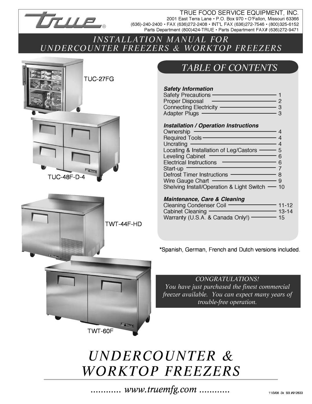 True Manufacturing Company TUC-48F-D-4 installation manual Undercounter & Worktop Freezers, Table Of Contents, TUC-27FG 