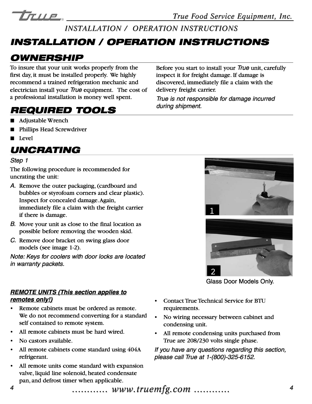 True Manufacturing Company TWT-44F-HD, TWT-60F Installation / Operation Instructions Ownership, Required Tools, Uncrating 