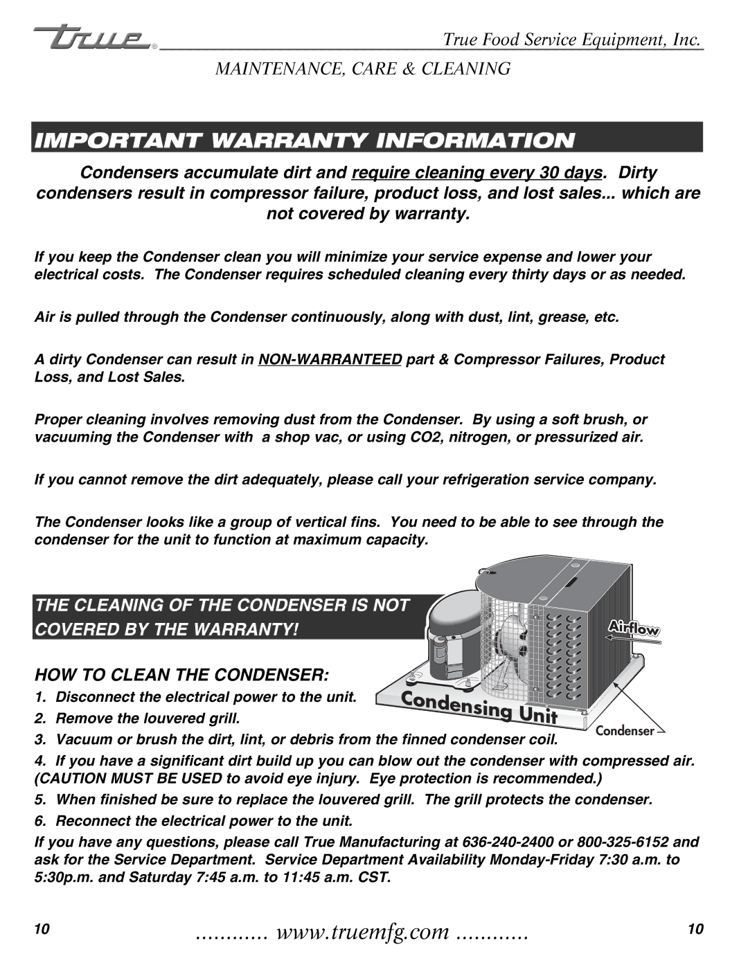 TrueAir TRCB-82 / TRCB-52 manual Important Warranty Information, Disconnect the electrical power to the unit 