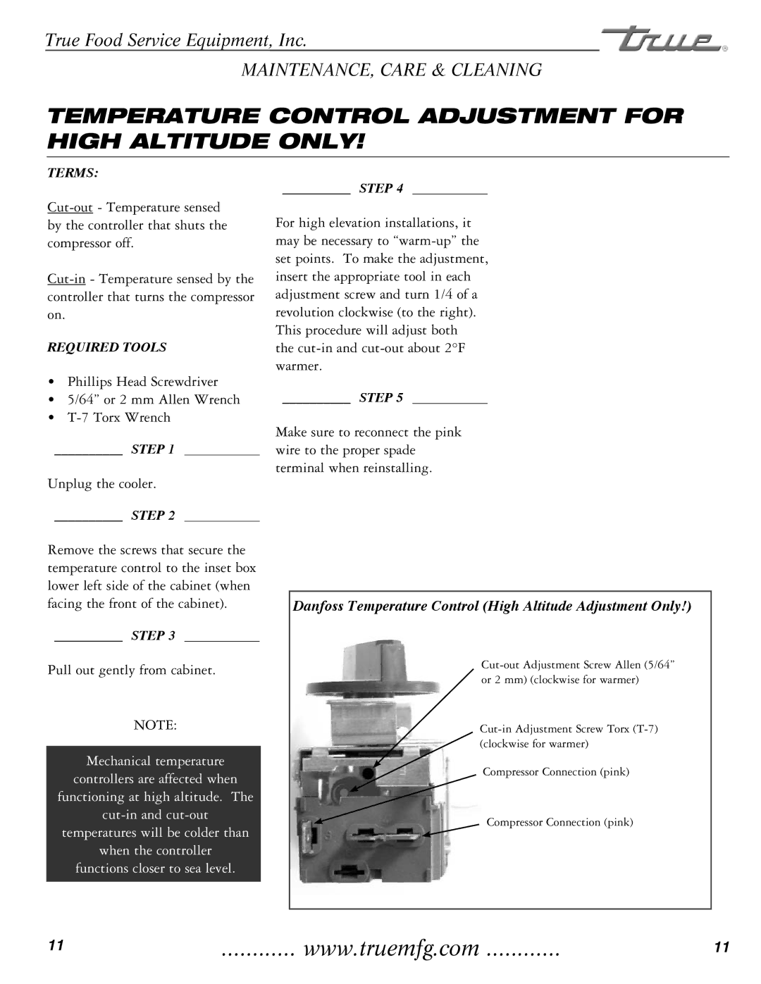 TrueAir TRCB-82 / TRCB-52 manual Temperature Control Adjustment for High Altitude only 