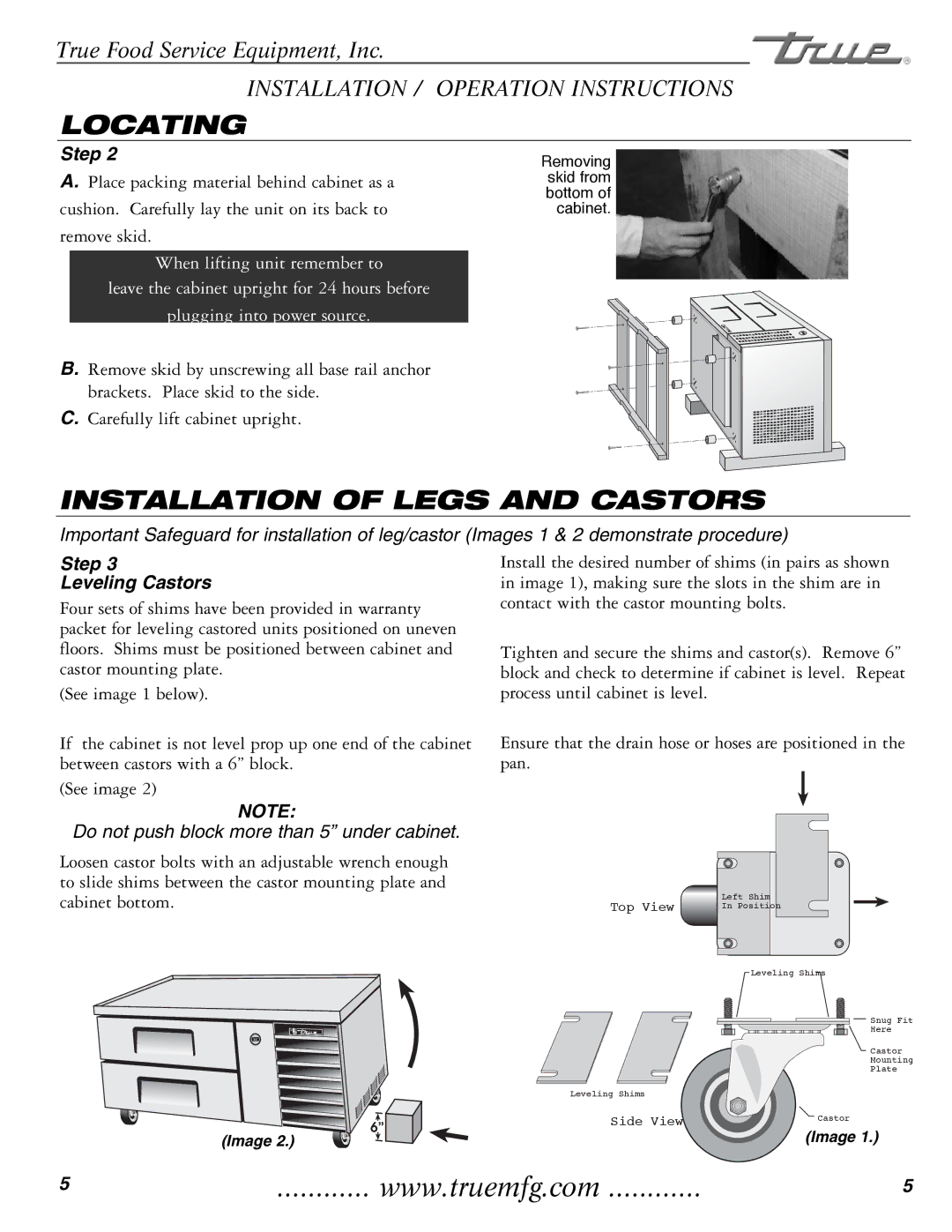 TrueAir TRCB-82 / TRCB-52 manual Locating, Installation of Legs and Castors, Step Leveling Castors 