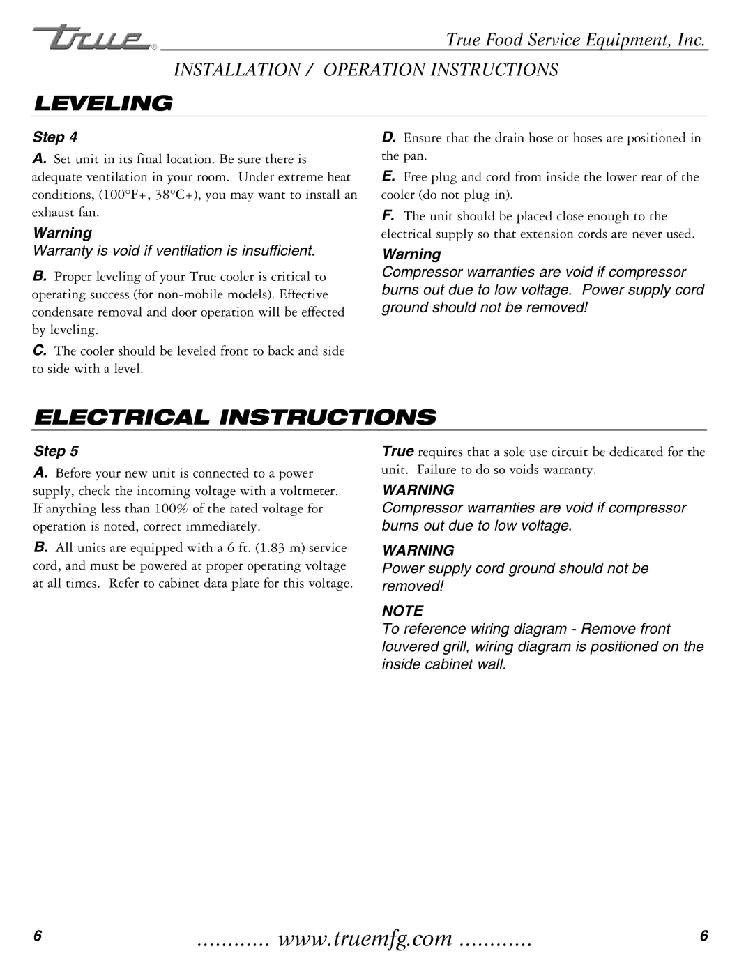 TrueAir TRCB-82 / TRCB-52 manual Leveling, Electrical Instructions 