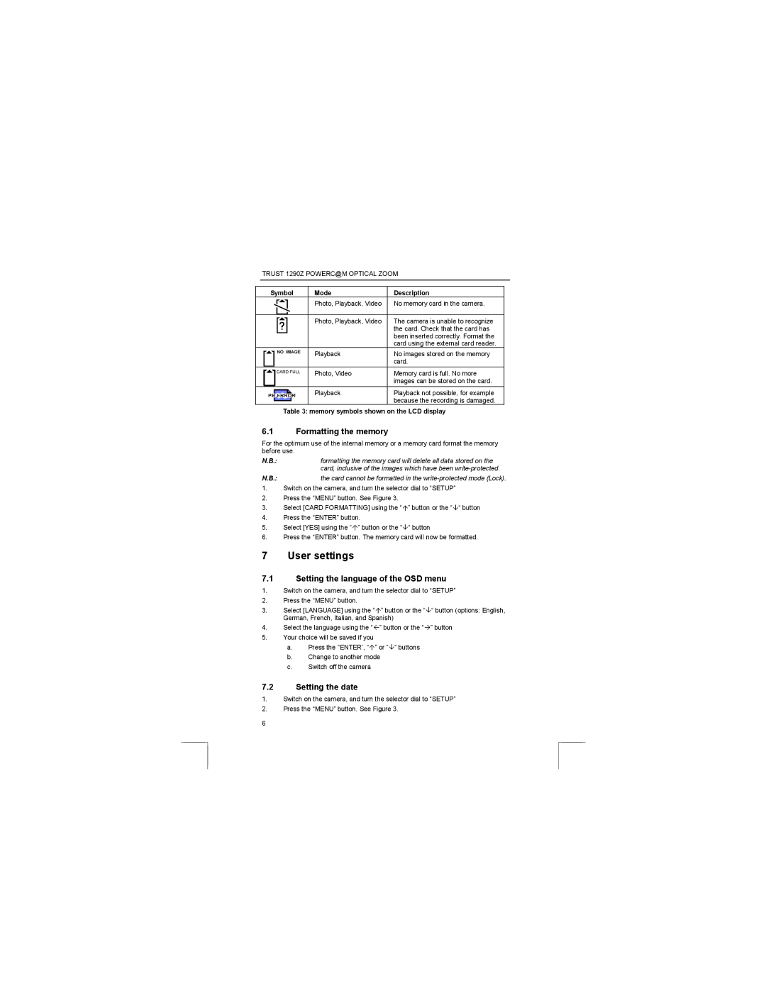 Trust Computer Products 1290Z User settings, Formatting the memory, Setting the language of the OSD menu, Setting the date 