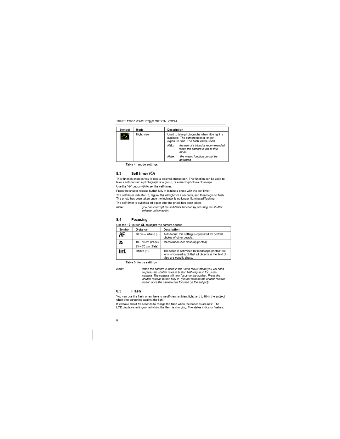 Trust Computer Products 1290Z user manual Self timer, Focusing, Flash 