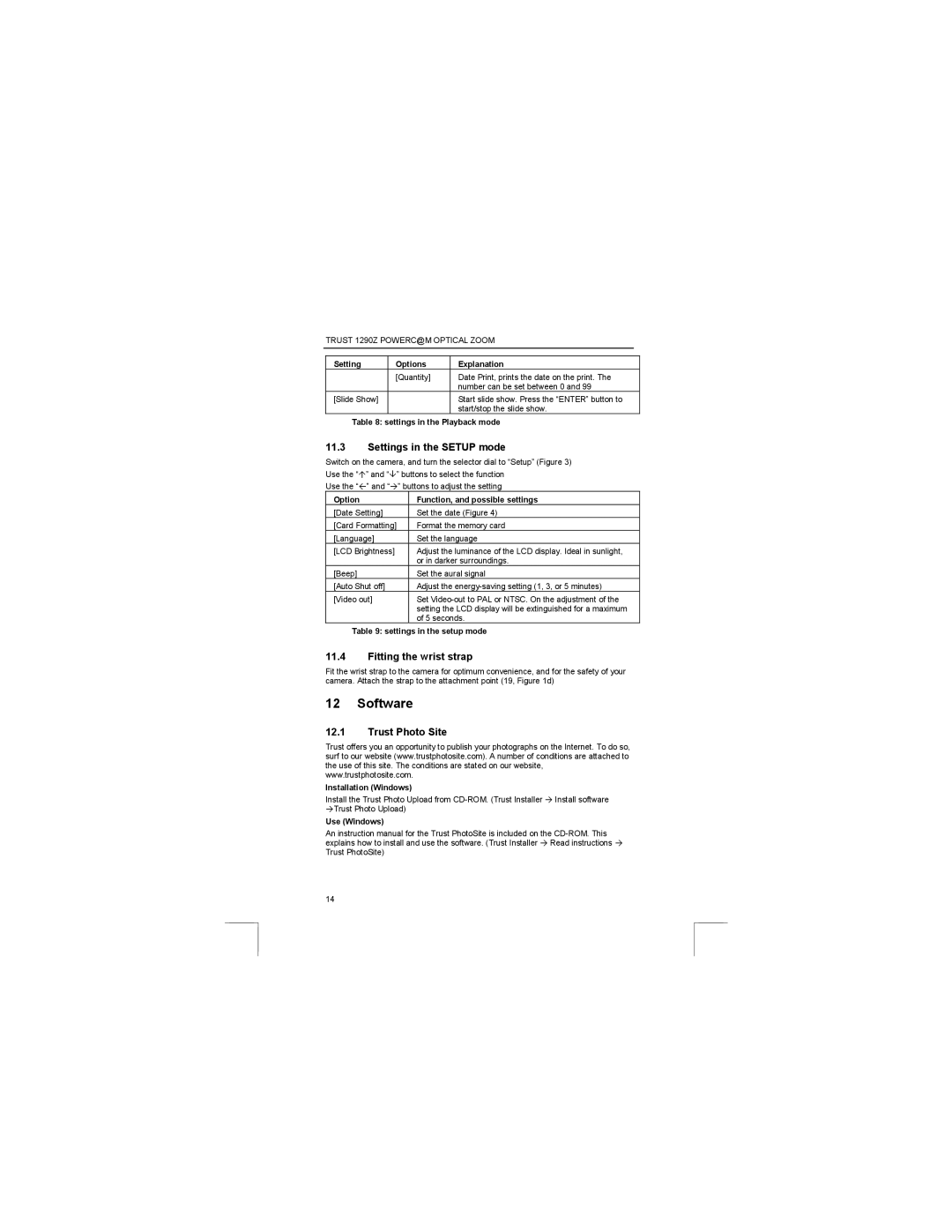 Trust Computer Products 1290Z user manual Software, Settings in the Setup mode, Fitting the wrist strap, Trust Photo Site 