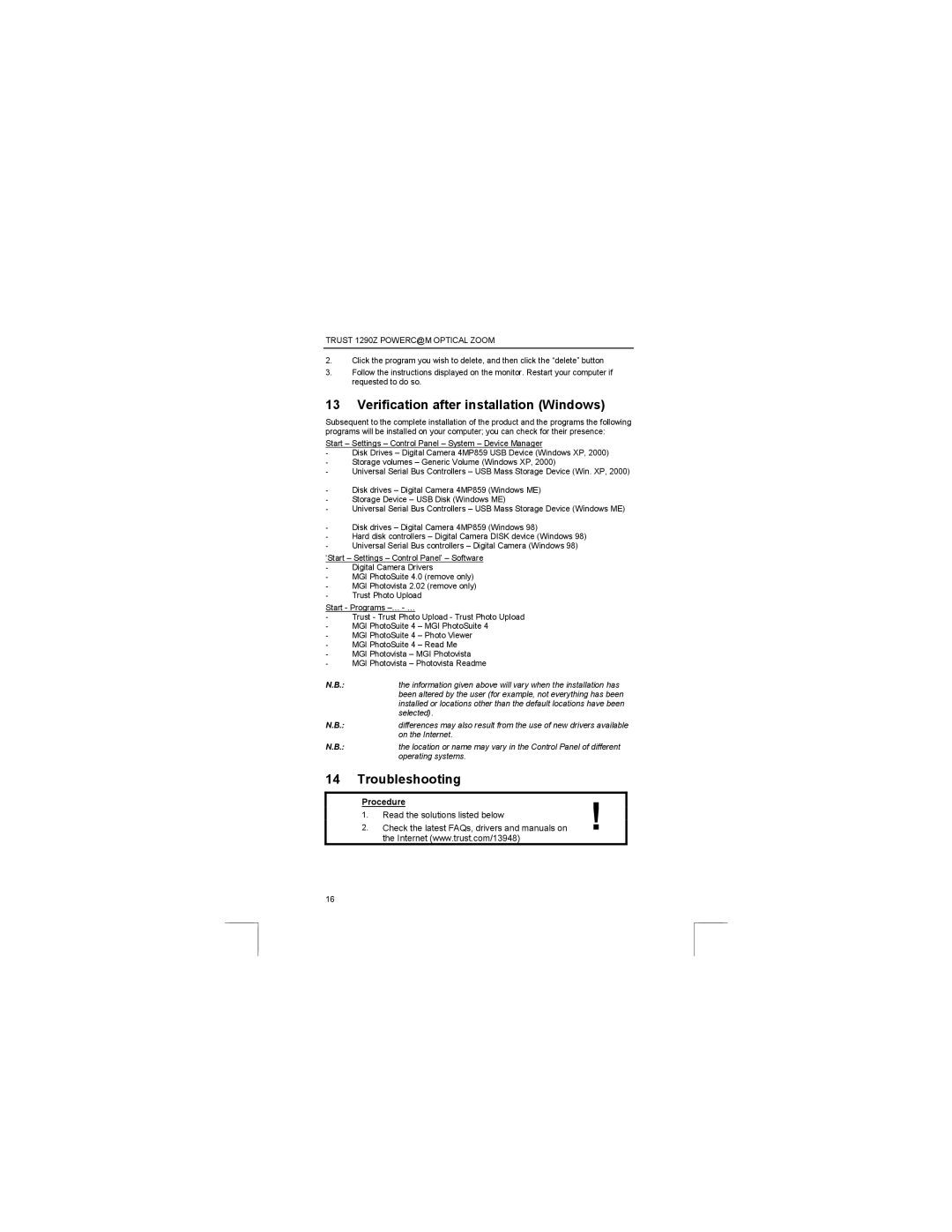 Trust Computer Products 1290Z user manual Verification after installation Windows, Troubleshooting 