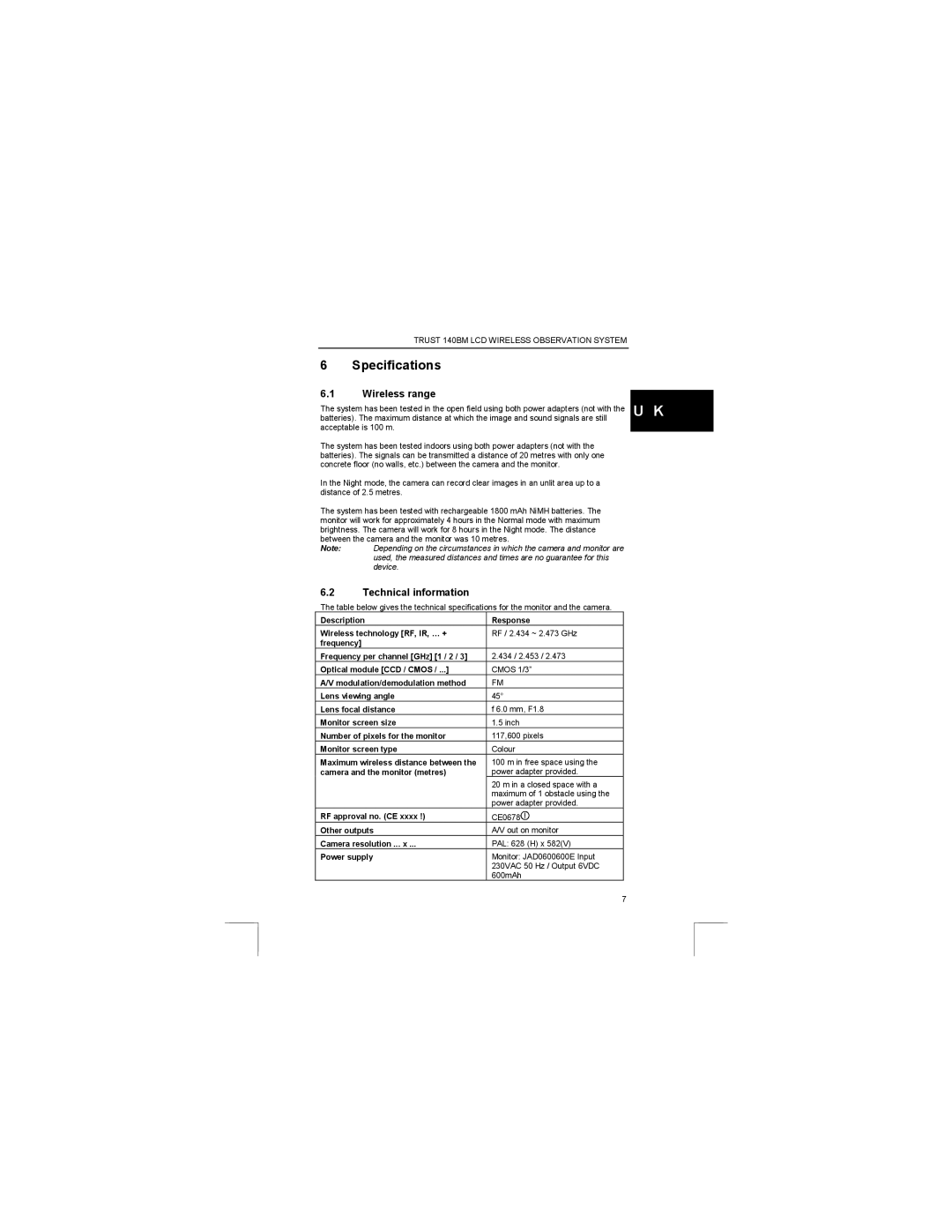 Trust Computer Products 140BM user manual Specifications, Wireless range, Technical information 