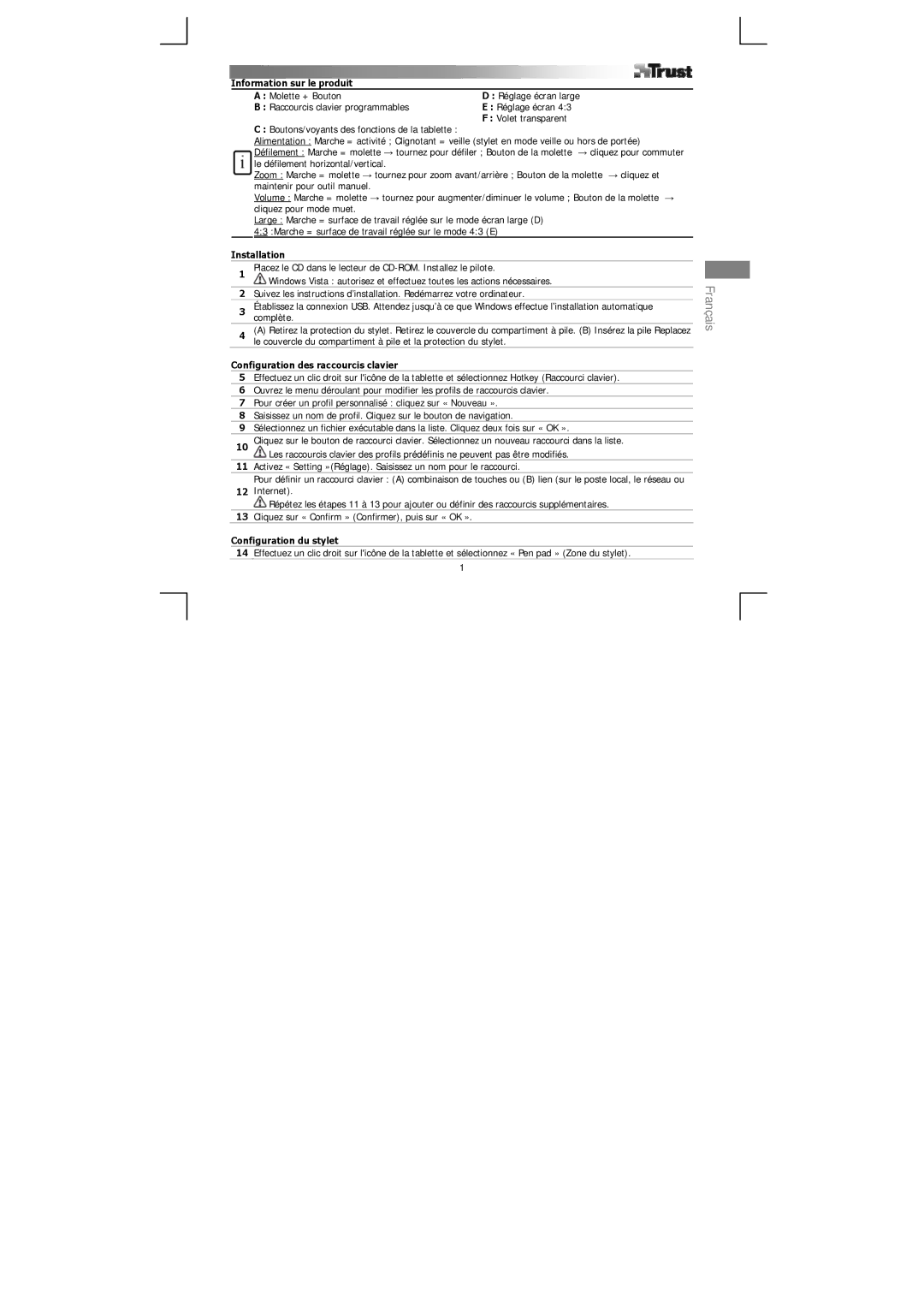 Trust Computer Products 15694 manual Français, Configuration des raccourcis clavier, Configuration du stylet 