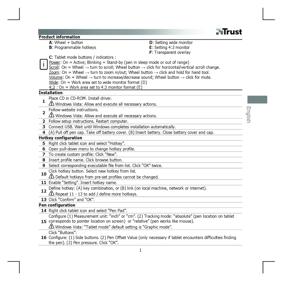 Trust Computer Products 15694 manual English, Installation, Hotkey configuration, Pen configuration 