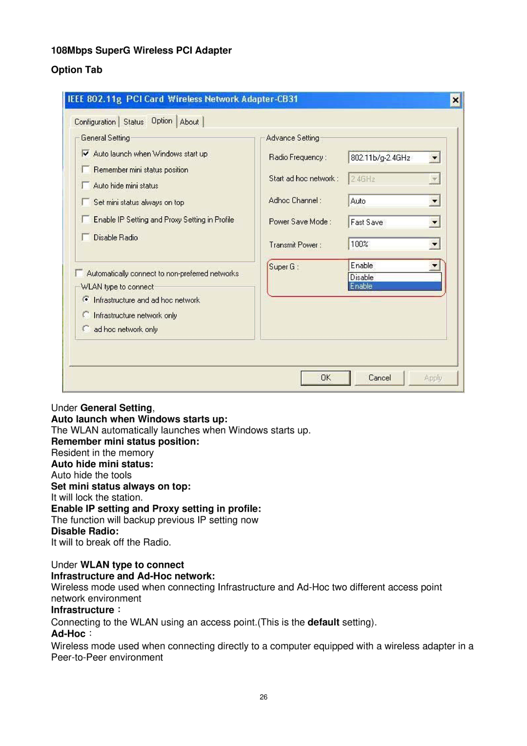 Trust Computer Products 802.11g manual Remember mini status position, Auto hide mini status, Set mini status always on top 