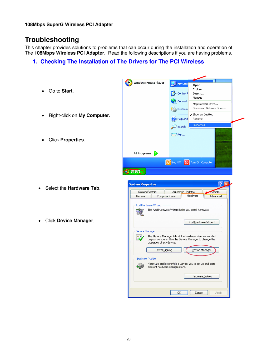 Trust Computer Products 802.11g manual Click Properties, Click Device Manager 