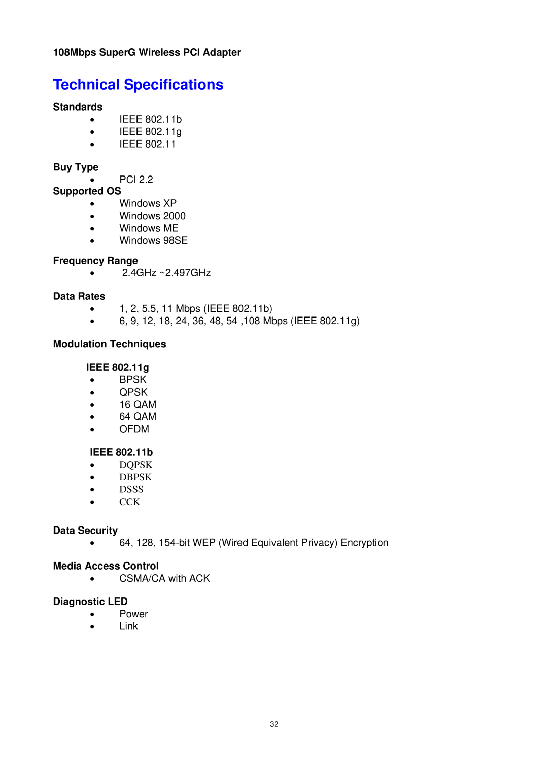 Trust Computer Products 802.11g manual Standards, Buy Type, Supported OS, Frequency Range, Data Rates, Ieee 802.11b 