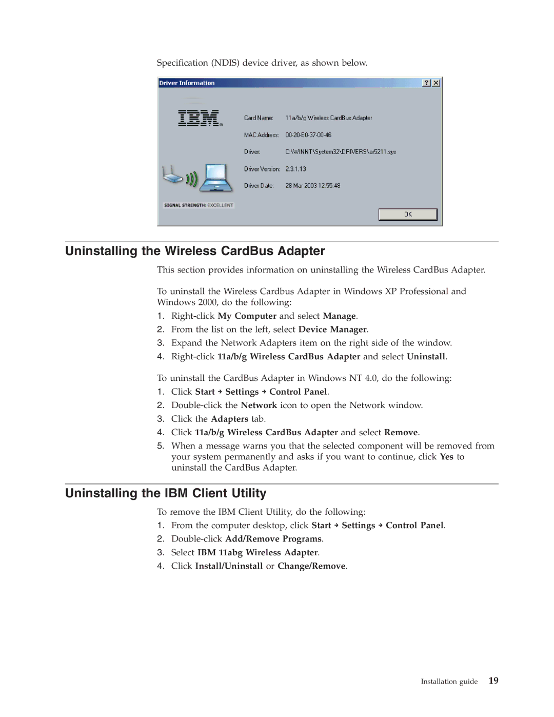 Trust Computer Products IBM 802.11a/b/g Wireless CardBus Adapter manual Uninstalling the Wireless CardBus Adapter 