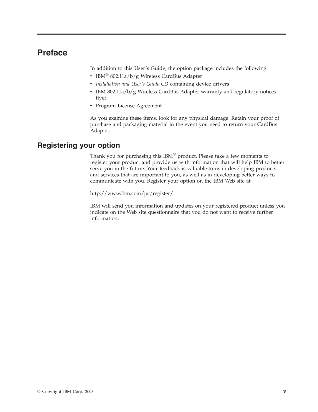 Trust Computer Products IBM 802.11a/b/g Wireless CardBus Adapter manual Preface, Registering your option 