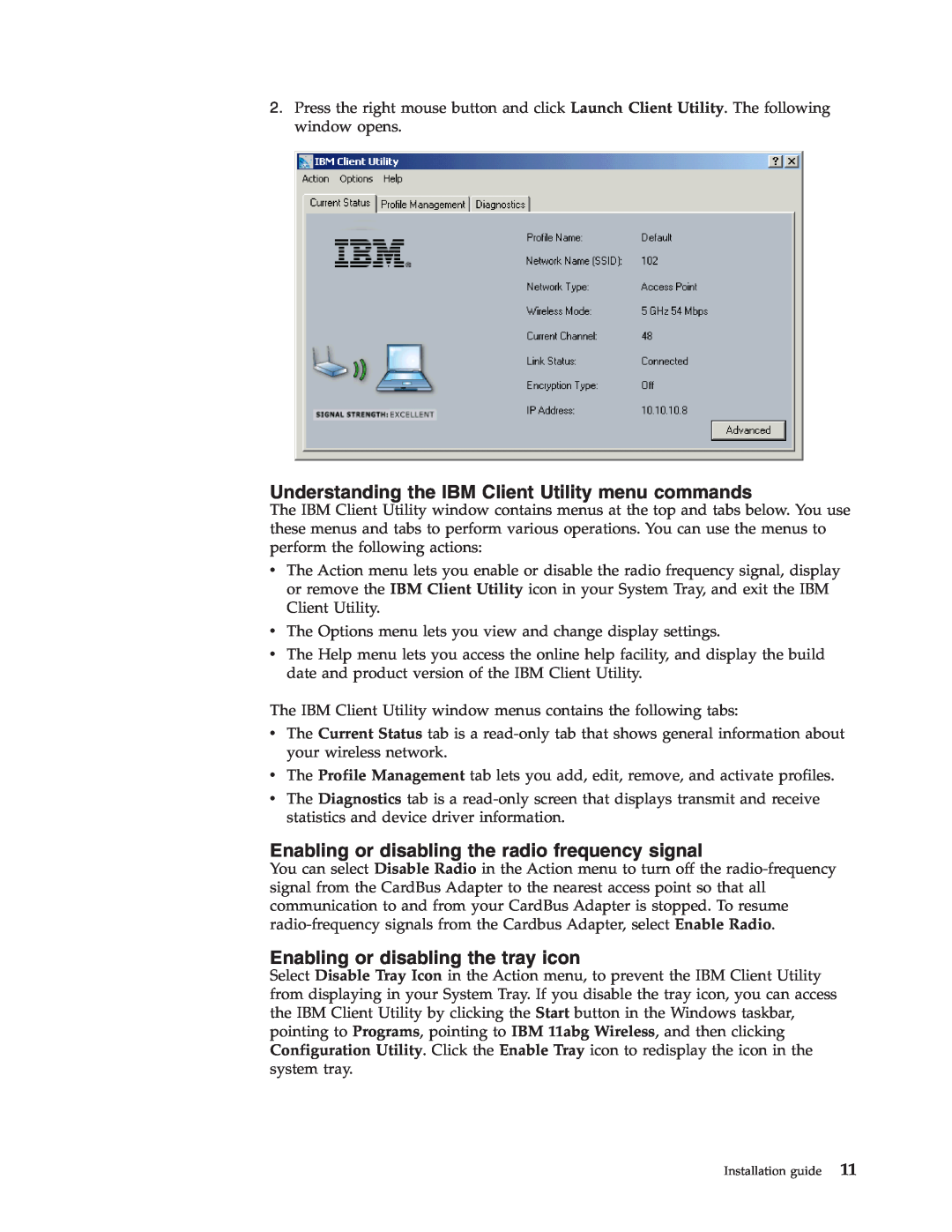 Trust Computer Products IBM 802.11a/b/g Wireless CardBus Adapter manual Understanding the IBM Client Utility menu commands 
