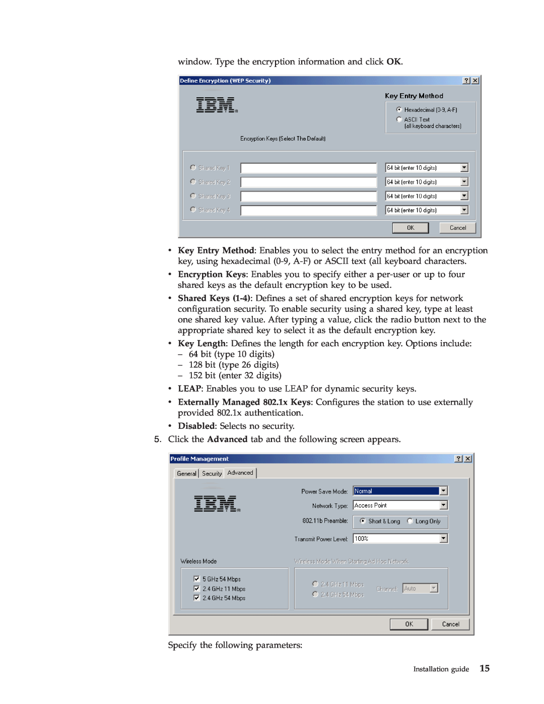 Trust Computer Products IBM 802.11a/b/g Wireless CardBus Adapter window. Type the encryption information and click OK 