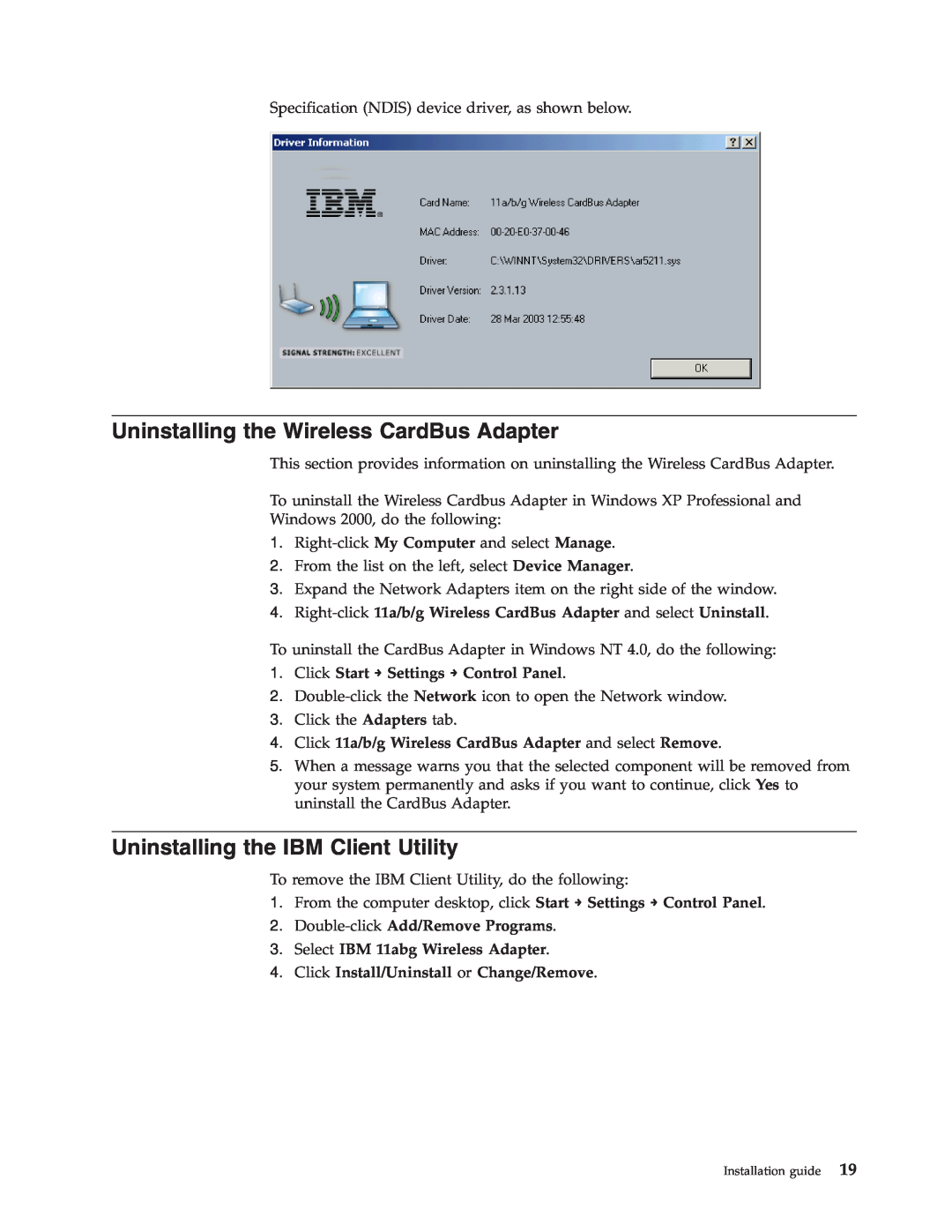 Trust Computer Products IBM 802.11a/b/g Wireless CardBus Adapter manual Uninstalling the Wireless CardBus Adapter 