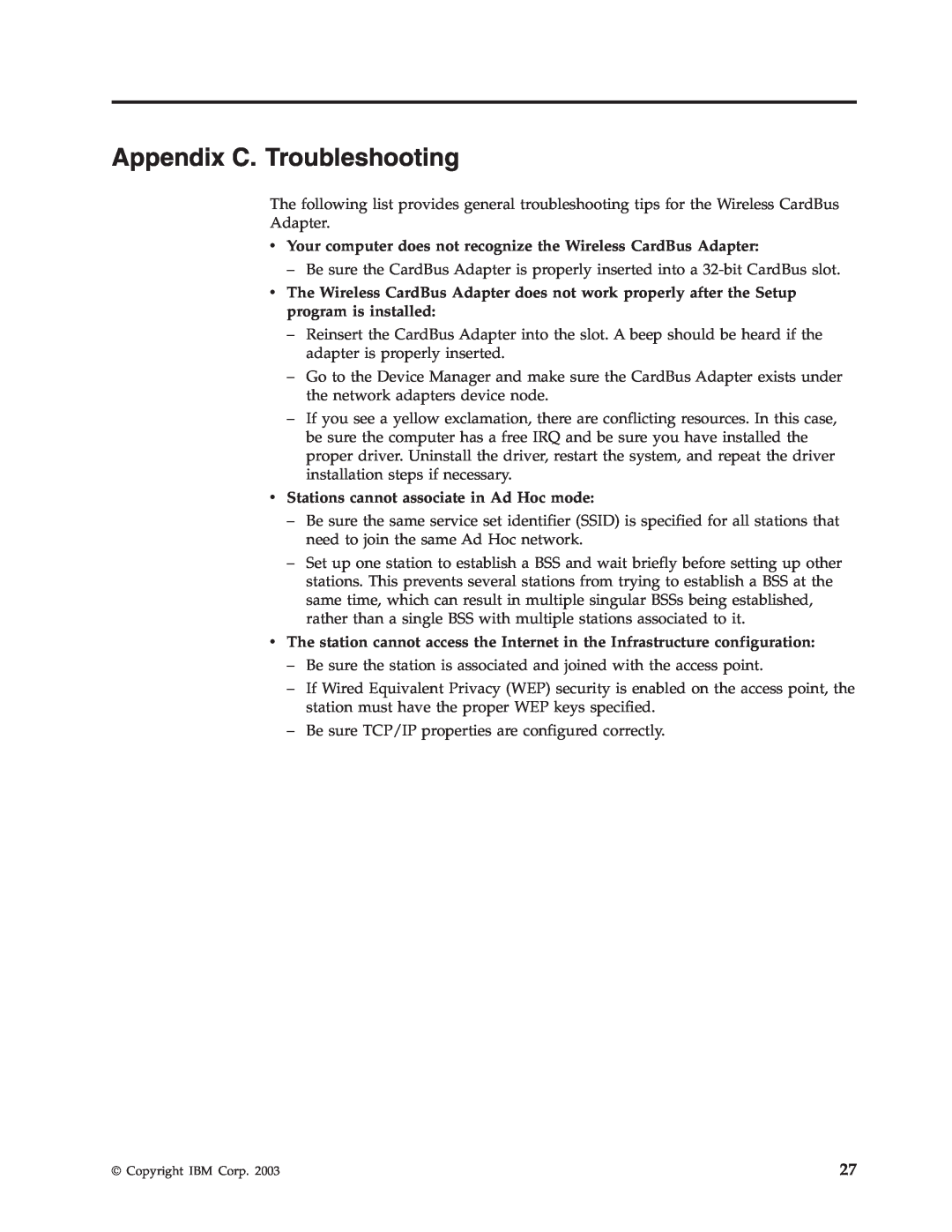 Trust Computer Products IBM 802.11a/b/g Wireless CardBus Adapter manual Appendix C. Troubleshooting 