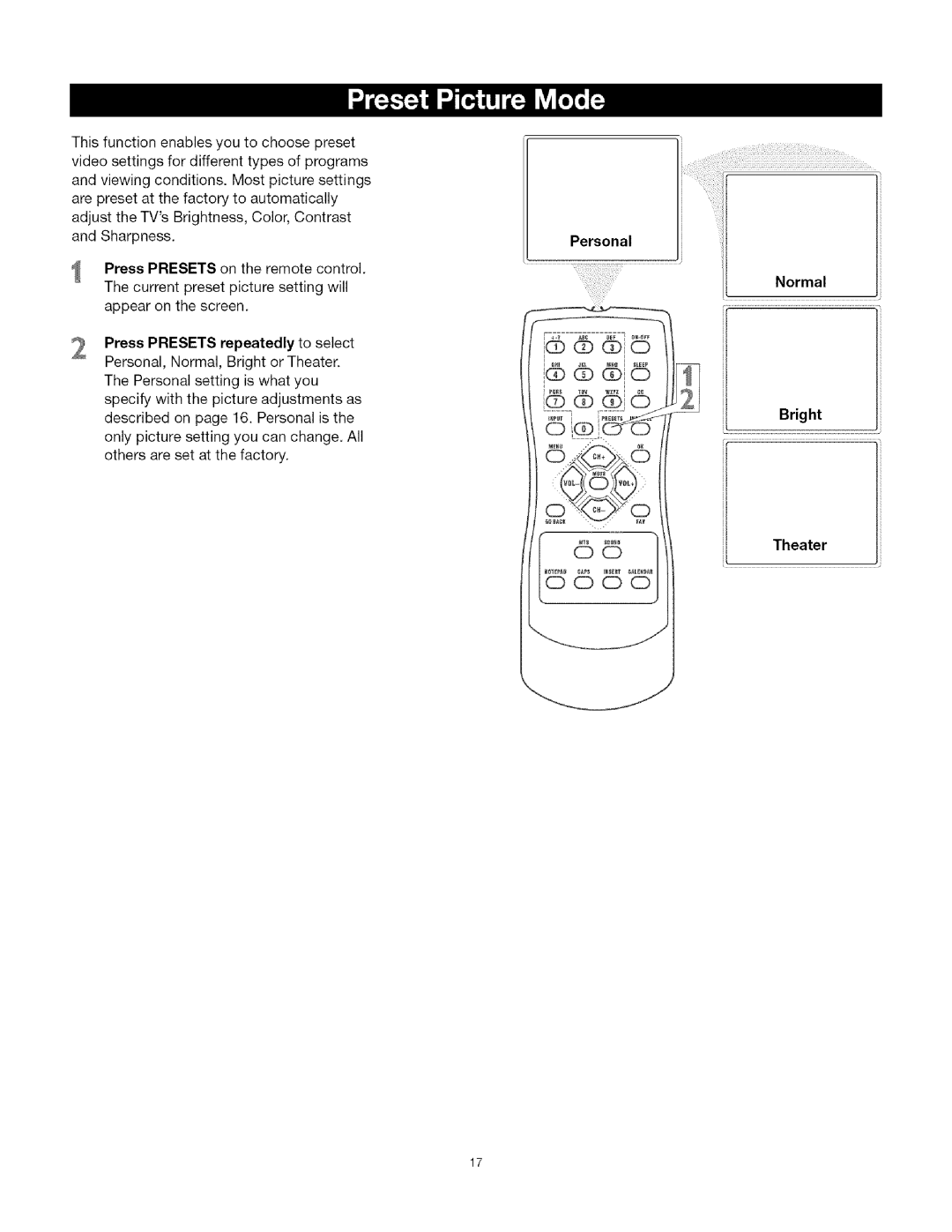 TTE Technology CRT Television manual Personal, Normal Bright Theater 