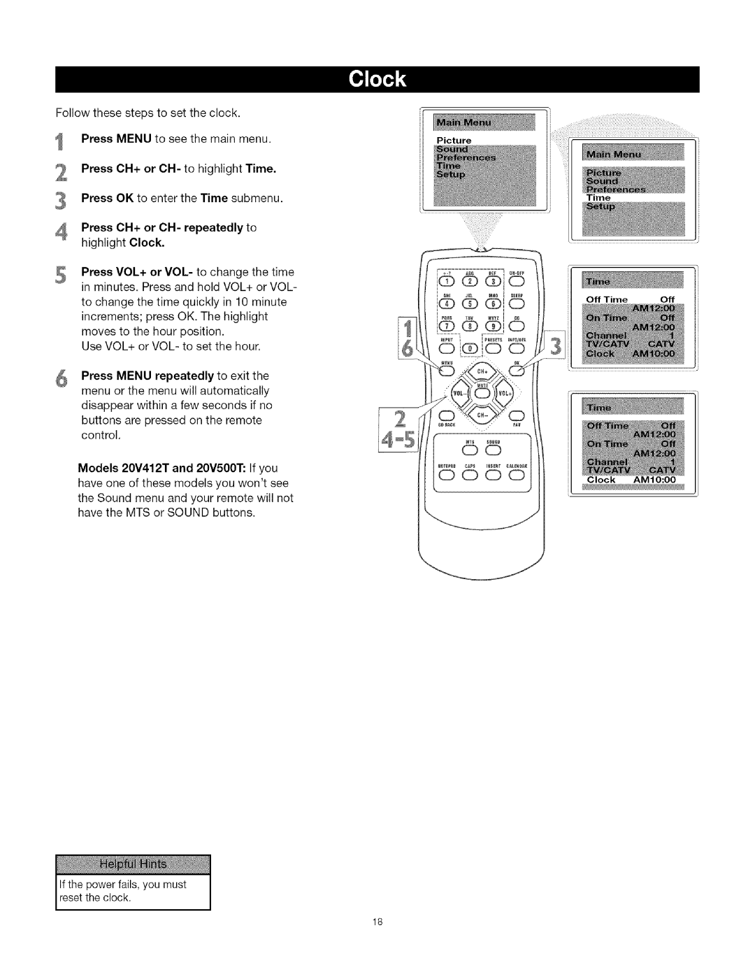 TTE Technology CRT Television manual Press CH+ or CH- to highlight Time, Press CH+ or CH- repeatedly to highlight Clock 