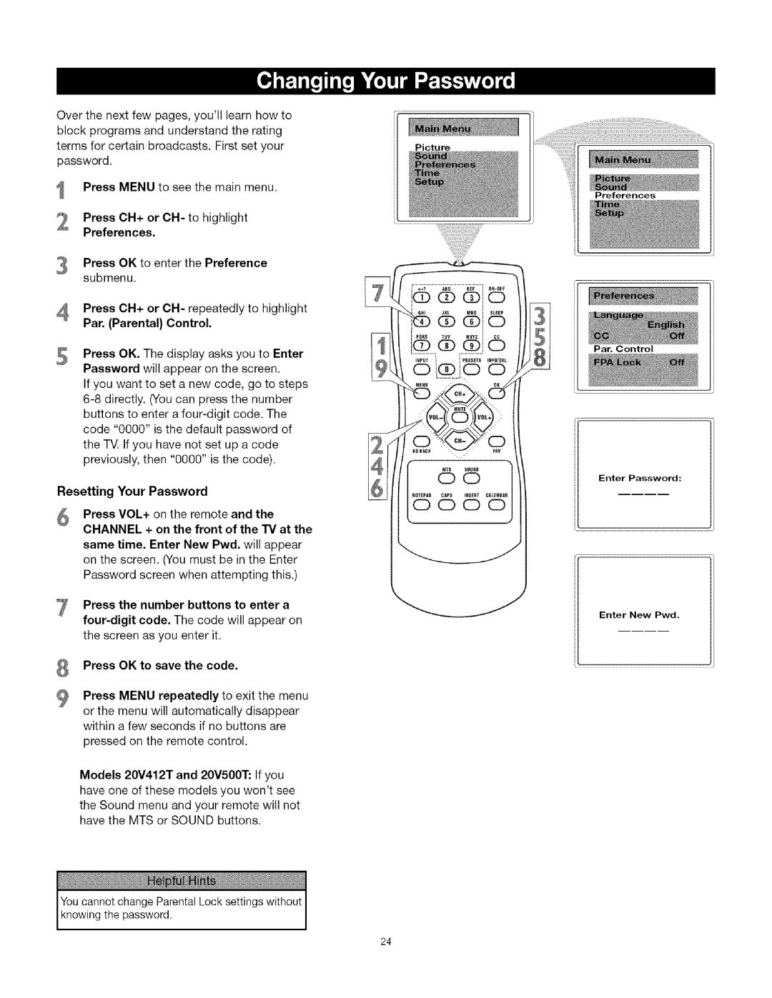 TTE Technology CRT Television manual Par. Parental Control, Resetting Your Password, Press the number buttons to enter a 