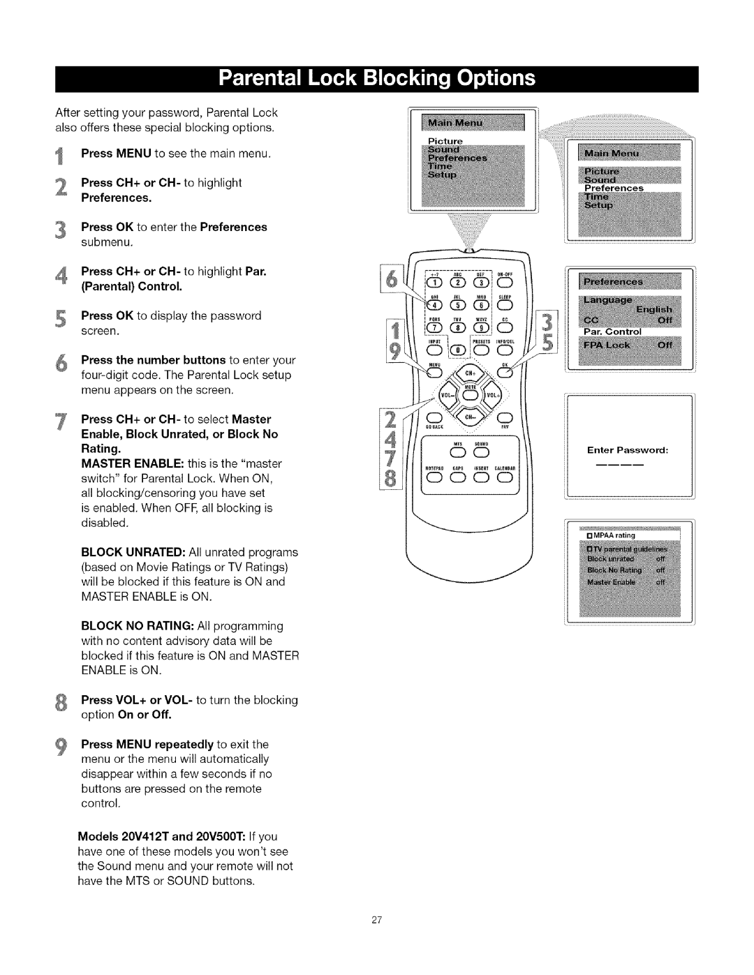 TTE Technology CRT Television manual Press CH+ or CH- to highlight Par. Parental Control 