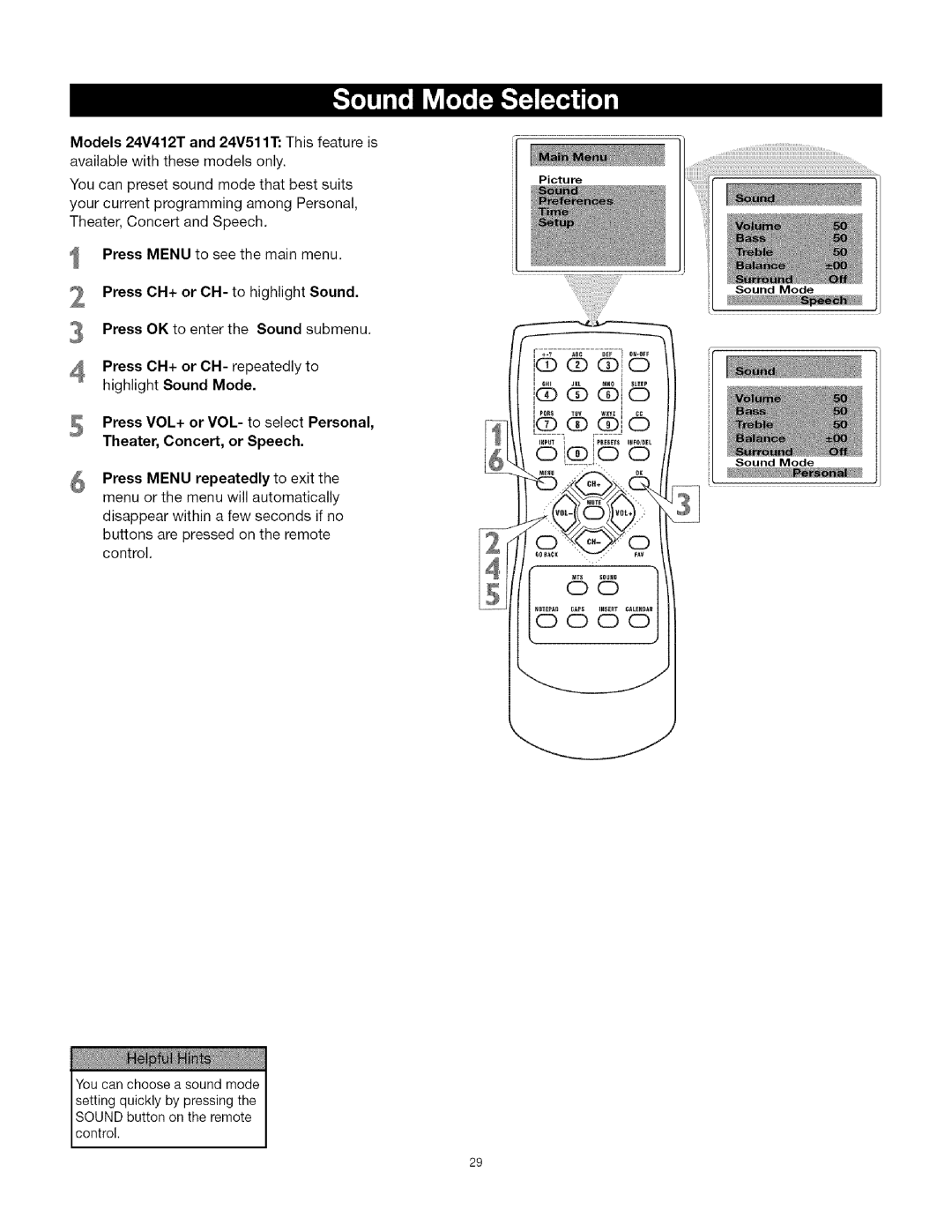 TTE Technology CRT Television manual Press CH+ or CH- to highlight Sound 