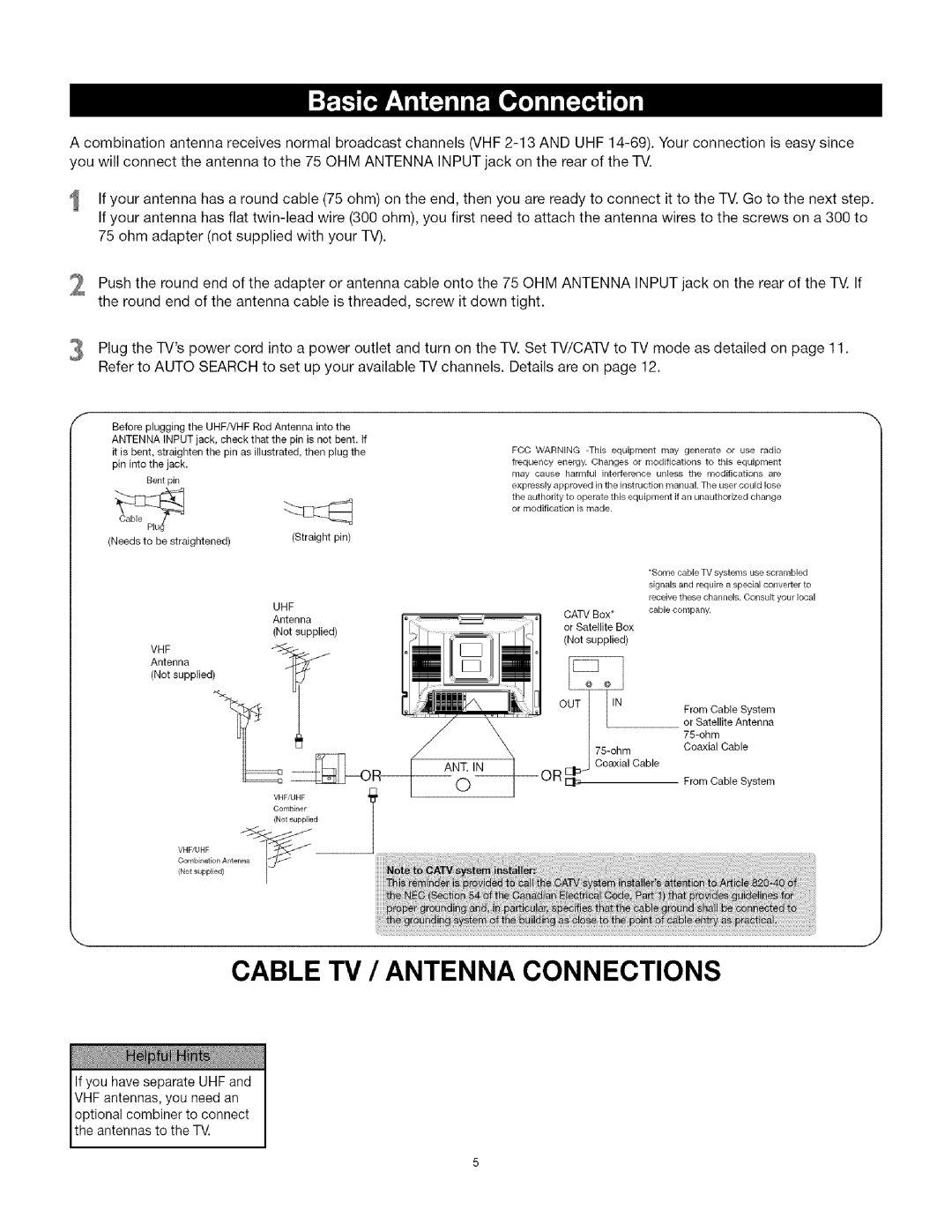 TTE Technology CRT Television manual Cable TV / Antenna Connections 