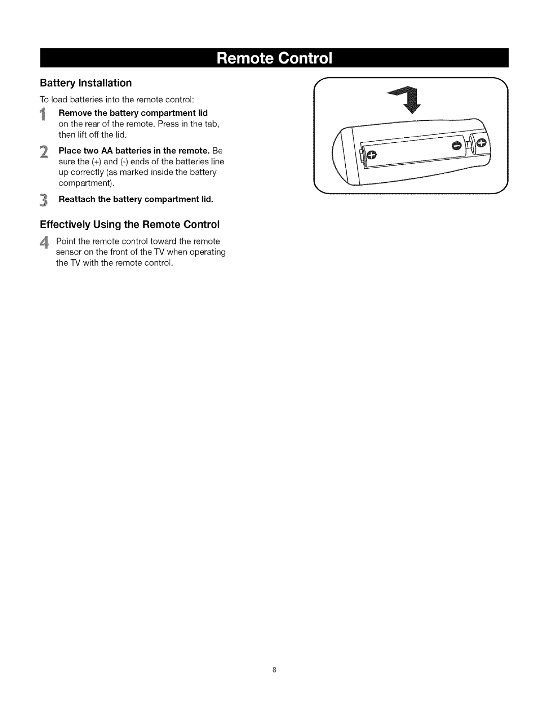 TTE Technology CRT Television manual Remove the battery compartment lid, Reattach the battery compartment lid 