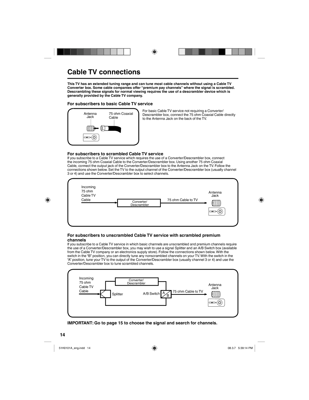 TTE Technology L22HD32D owner manual Cable TV connections, For subscribers to basic Cable TV service 