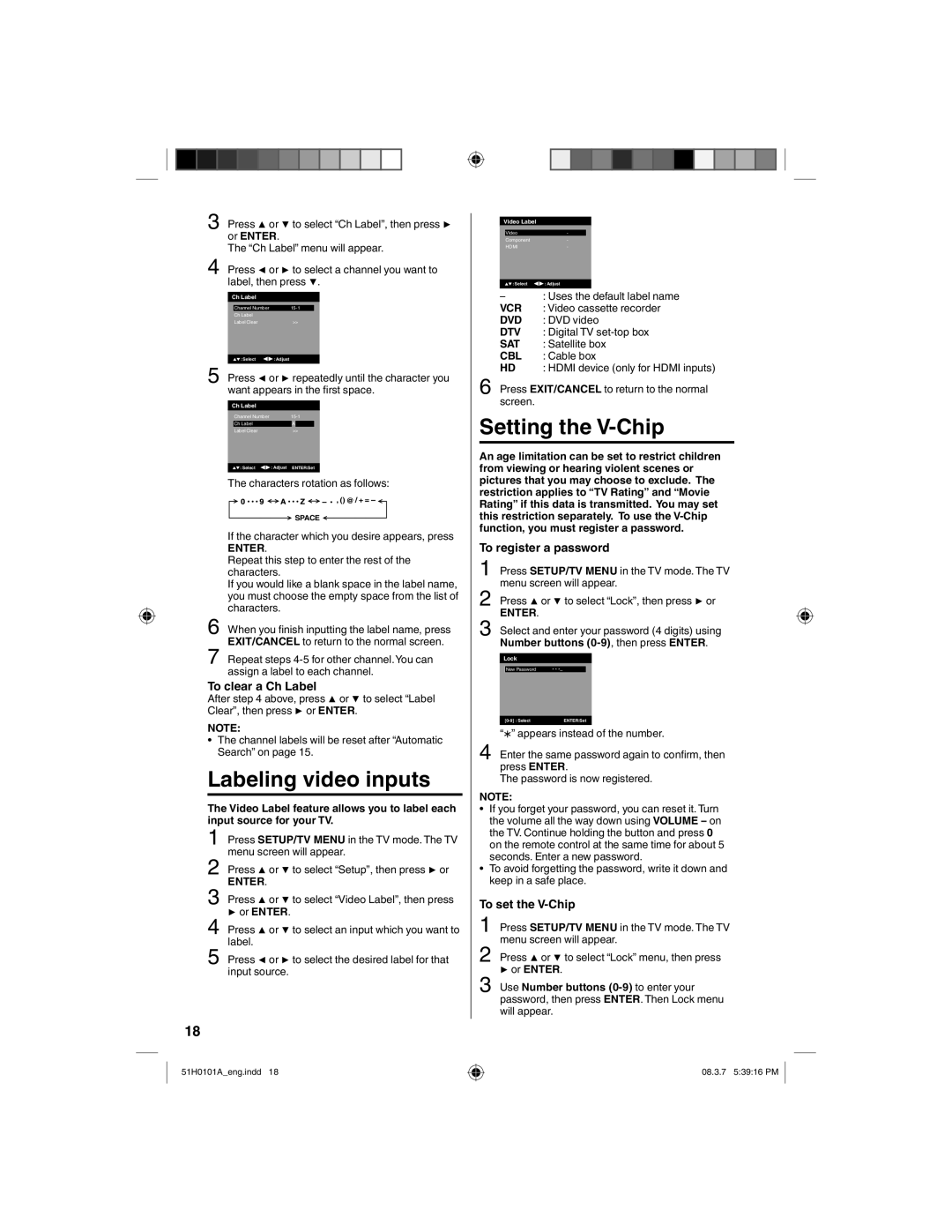 TTE Technology L22HD32D owner manual Labeling video inputs, To clear a Ch Label, To set the V-Chip 