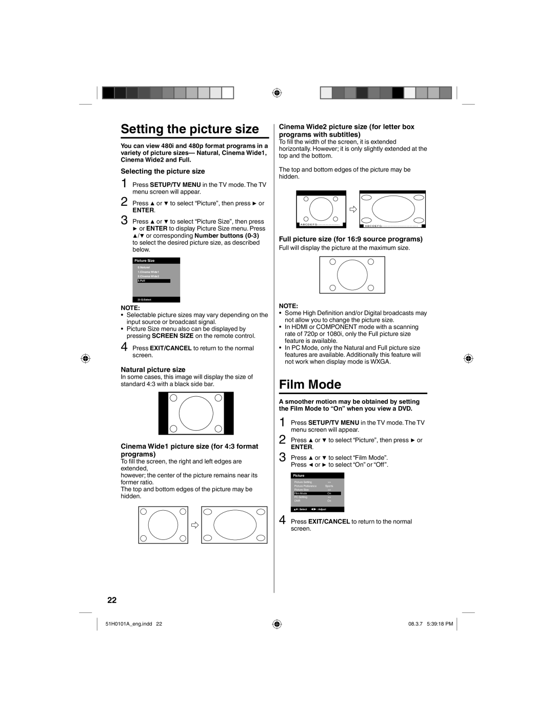 TTE Technology L22HD32D owner manual Setting the picture size, Film Mode 