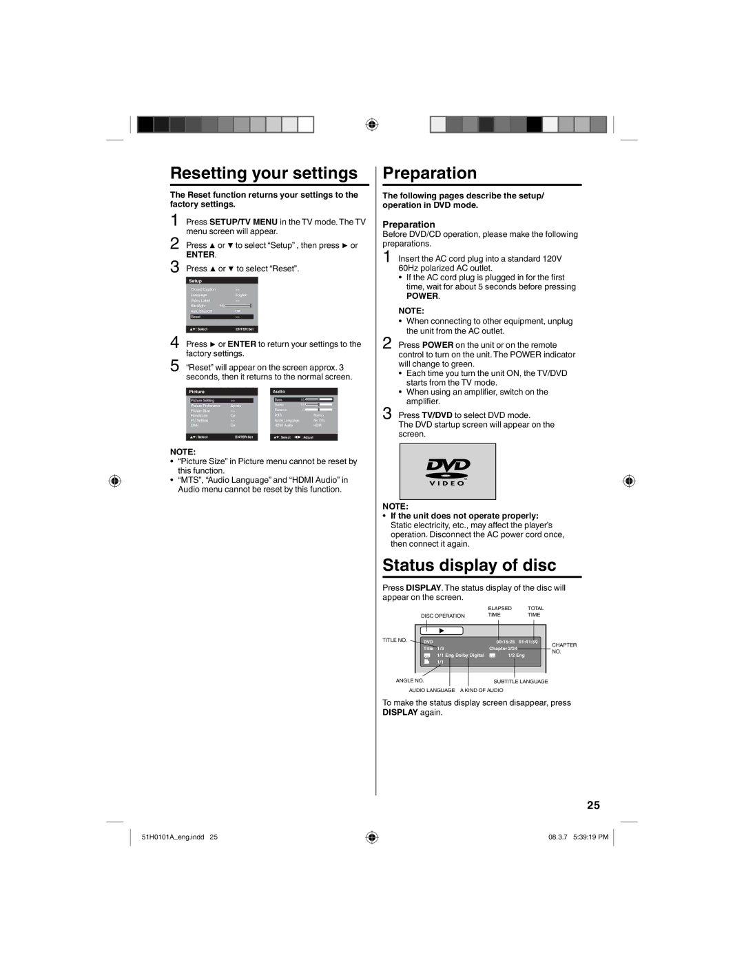 TTE Technology L22HD32D owner manual Resetting your settings, Preparation, Status display of disc, Power 