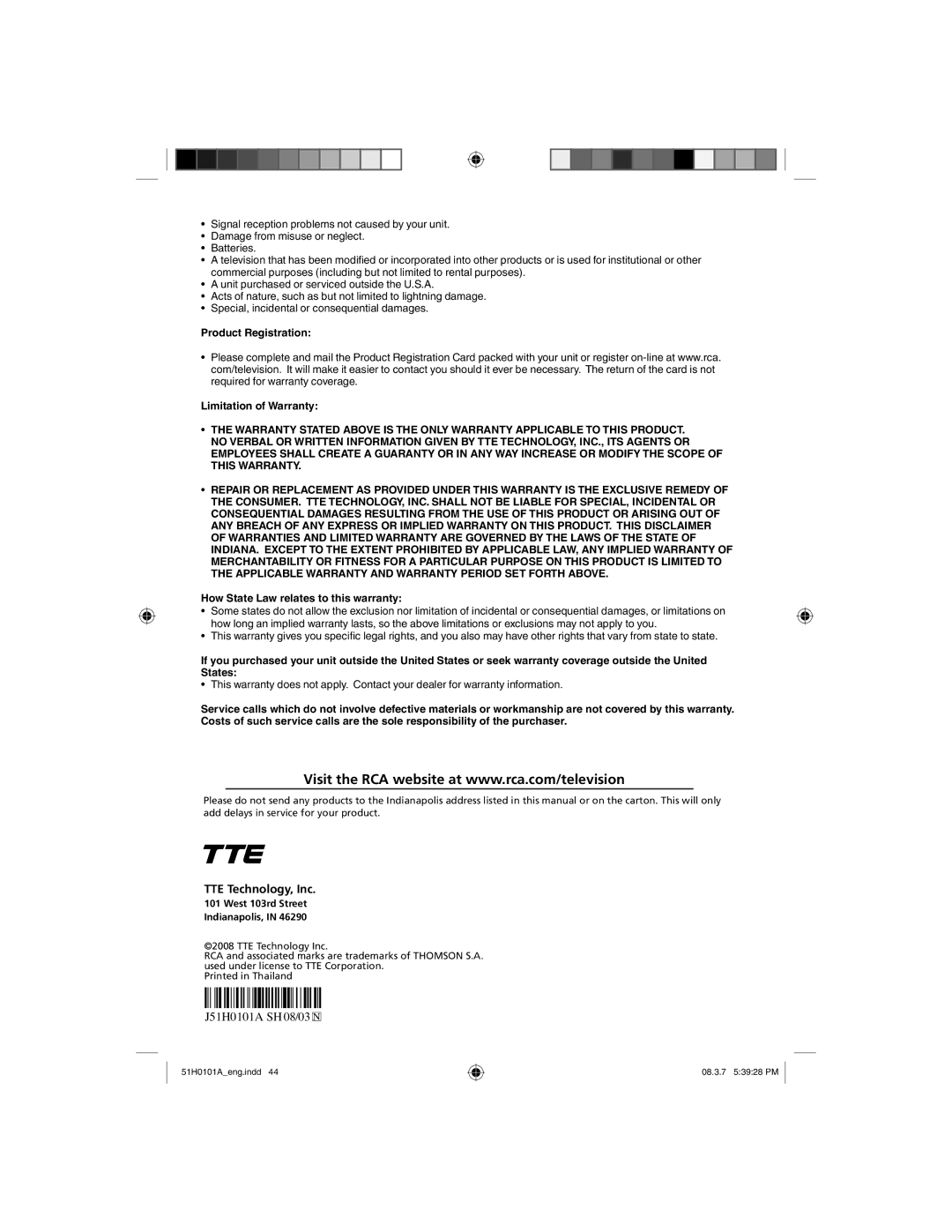 TTE Technology L22HD32D TTE Technology, Inc, Product Registration Limitation of Warranty, West 103rd Street Indianapolis 