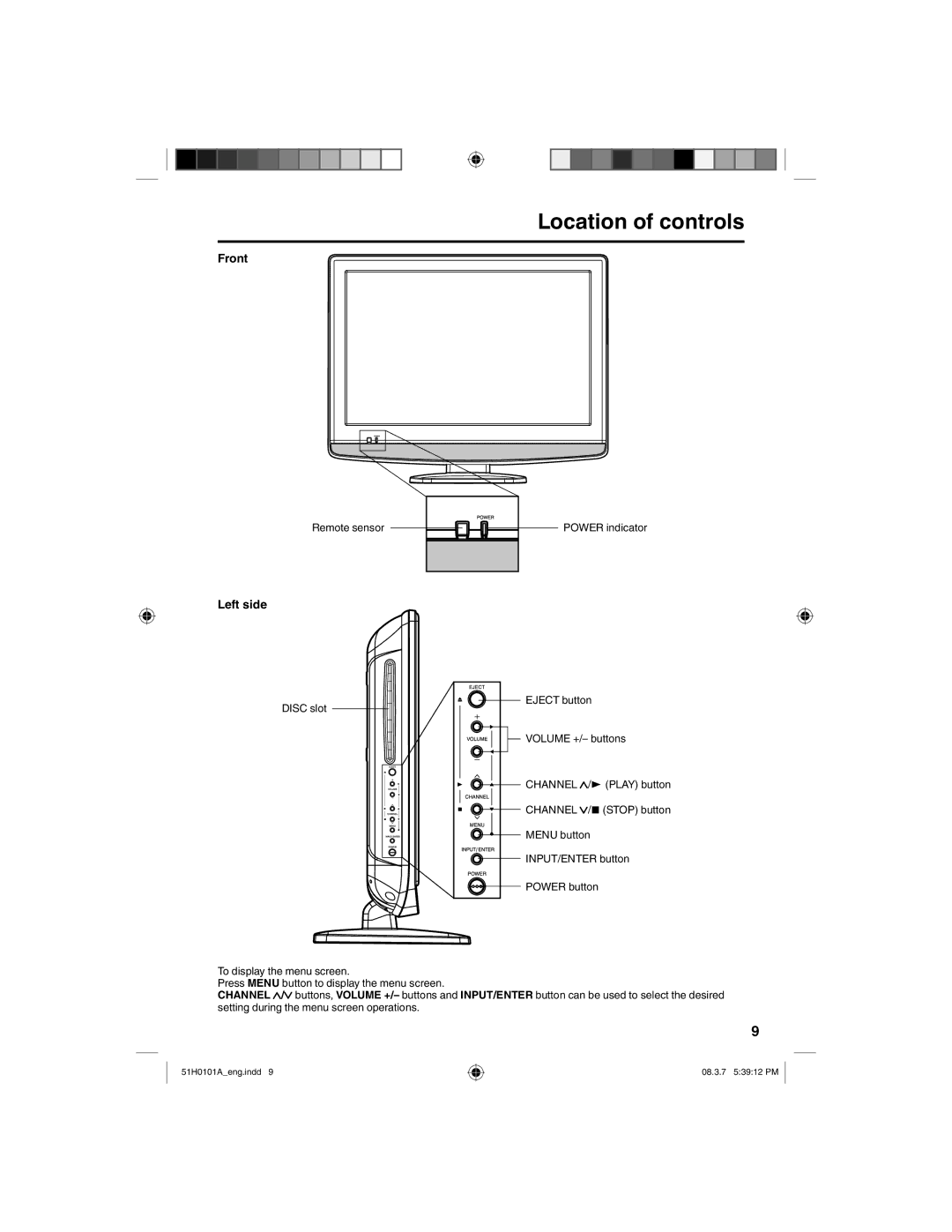 TTE Technology L22HD32D owner manual Location of controls, Front, Left side 