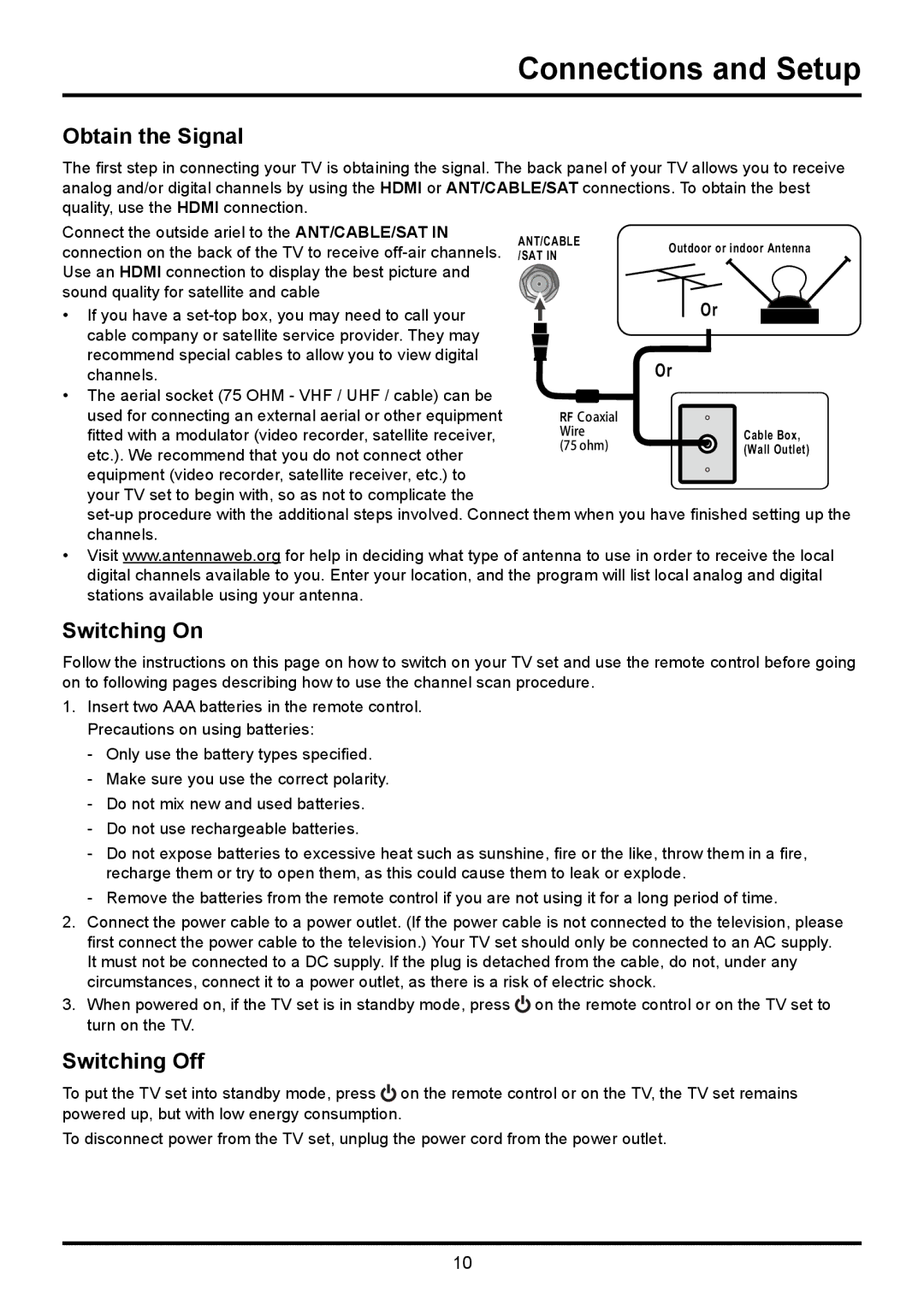 TTE Technology LE32HDF3010STA, LE32HDF3010TA manual Obtain the Signal, Switching On, Switching Off 