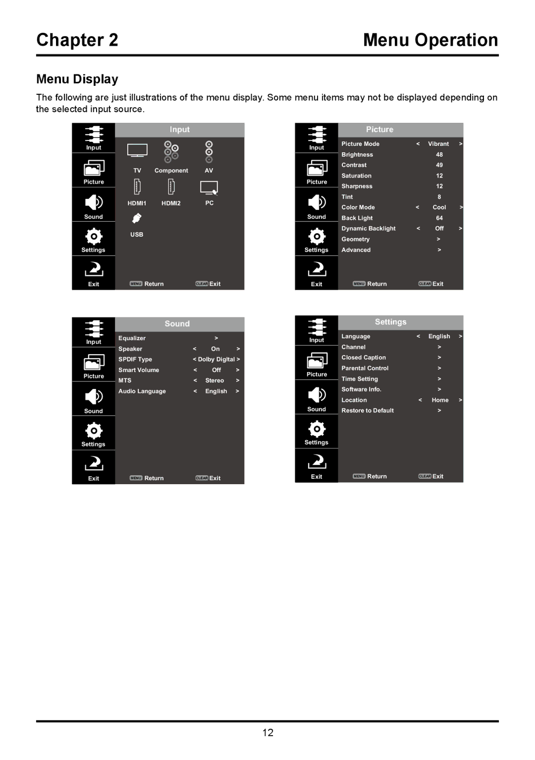 TTE Technology LE32HDF3010STA, LE32HDF3010TA manual Menu Operation, Menu Display 