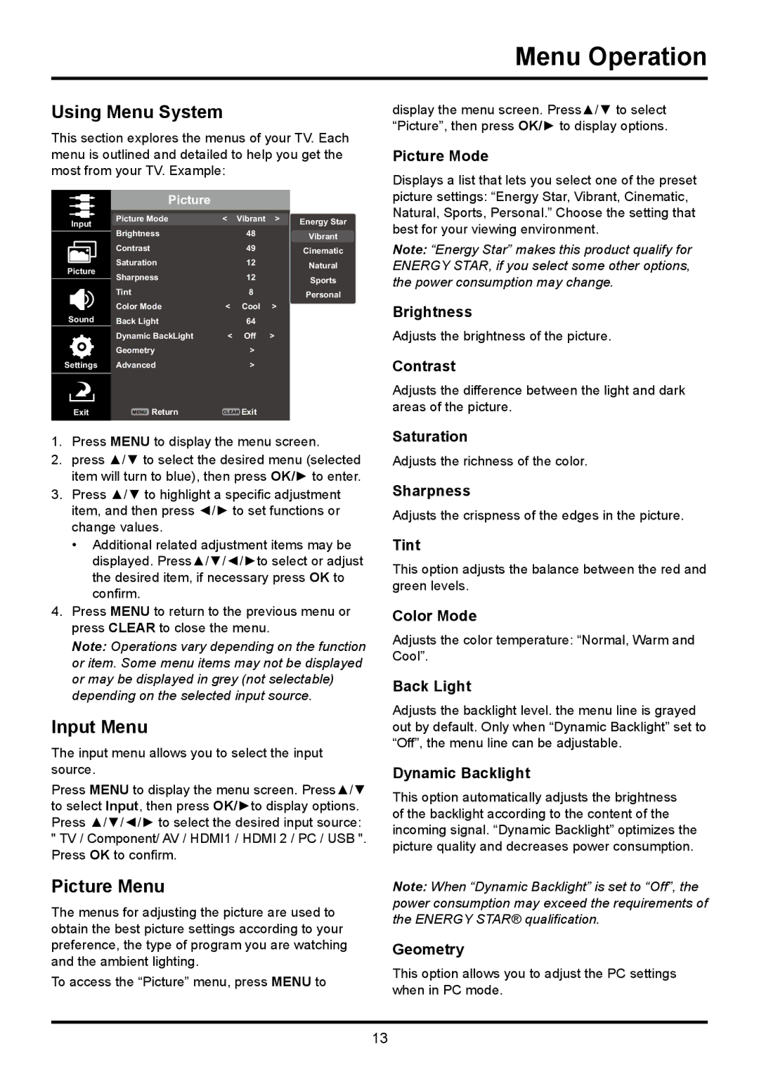 TTE Technology LE32HDF3010TA, LE32HDF3010STA manual Menu Operation, Using Menu System, Input Menu, Picture Menu 