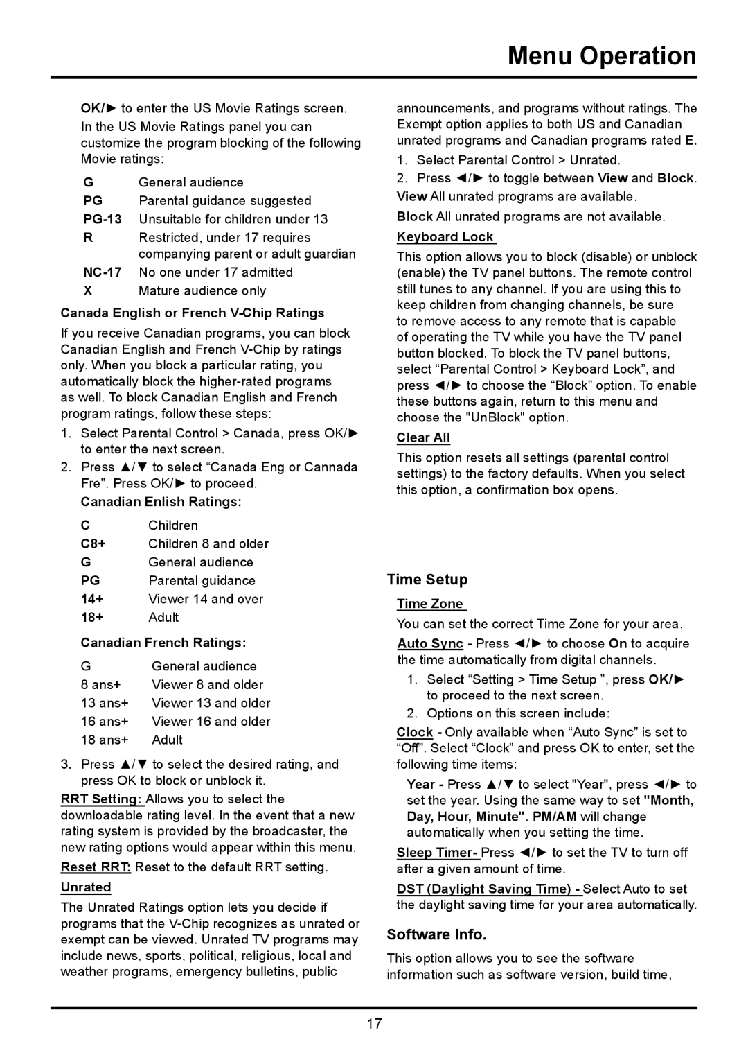 TTE Technology LE32HDF3010TA, LE32HDF3010STA manual Time Setup, Software Info 