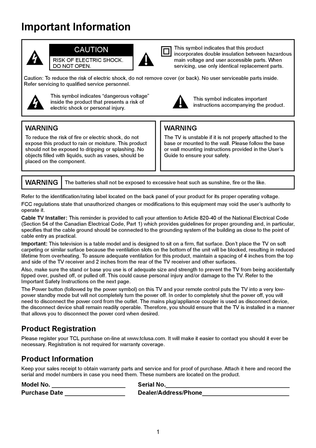 TTE Technology LE32HDF3010TA Important Information, Product Registration Product Information, Model No, Purchase Date 