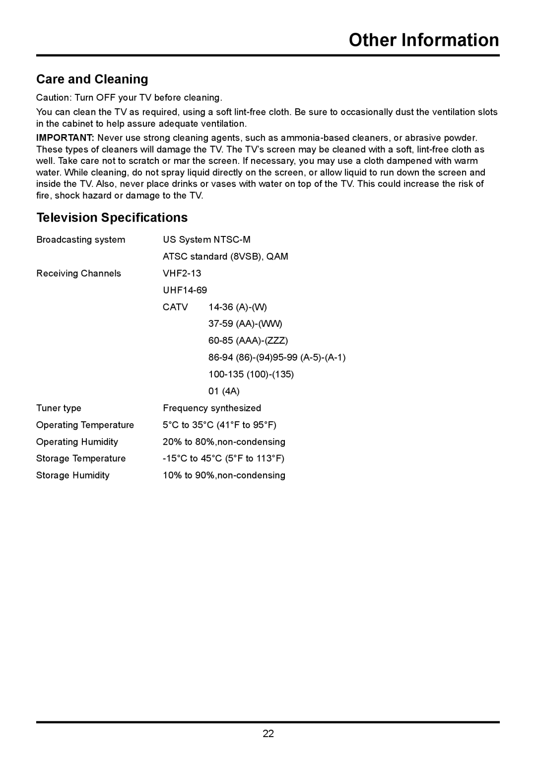 TTE Technology LE32HDF3010STA, LE32HDF3010TA manual Care and Cleaning, Television Specifications 