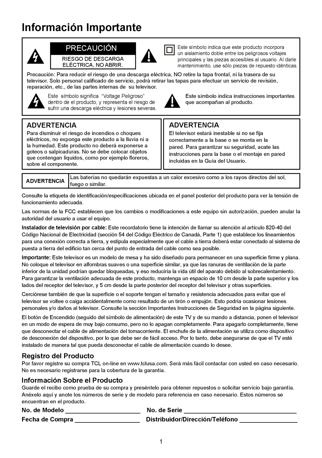 TTE Technology LE32HDF3010STA, LE32HDF3010TA Información Importante, Registro del Producto, Información Sobre el Producto 