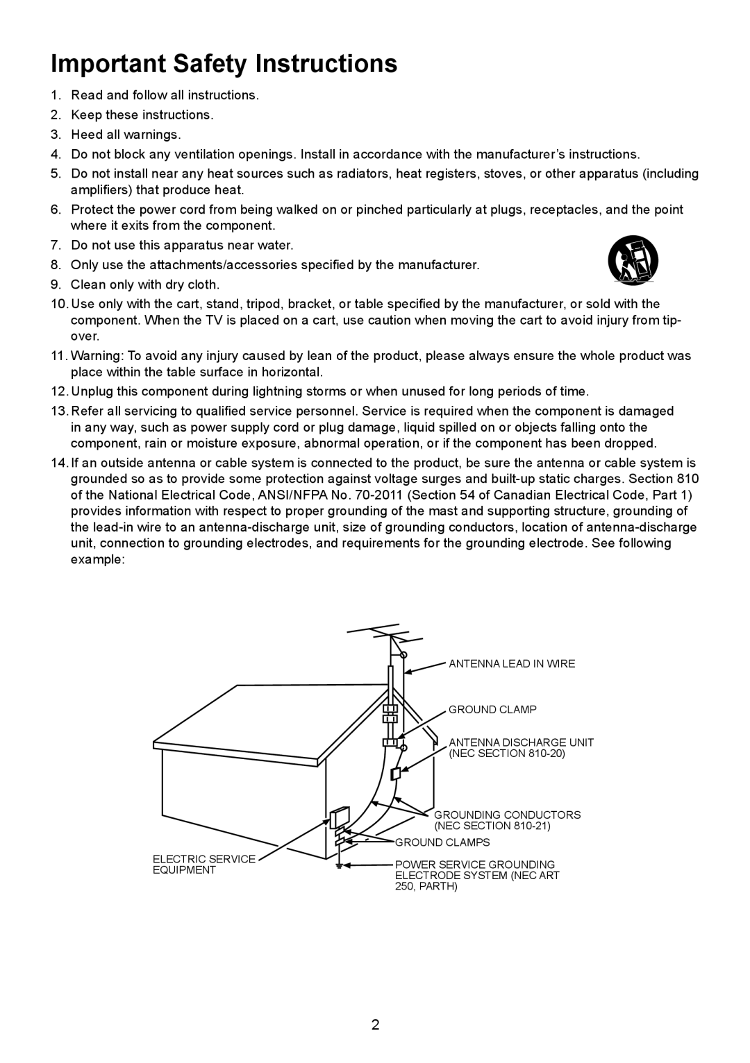 TTE Technology LE32HDF3010STA, LE32HDF3010TA manual Important Safety Instructions, Antenna Lead in Wire Ground Clamp 