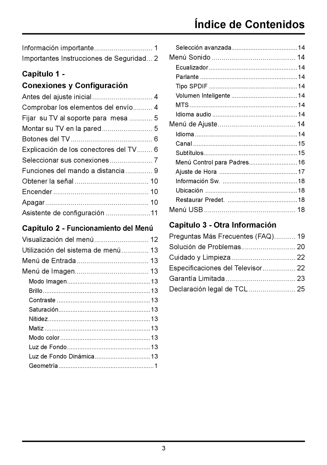 TTE Technology LE32HDF3010 manual Índice de Contenidos, Capítulo Conexiones y Configuración, Capítulo 3 Otra Información 