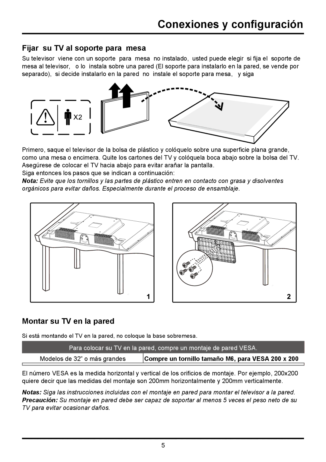 TTE Technology LE32HDF3010STA manual Conexiones y configuración, Fijar su TV al soporte para mesa, Montar su TV en la pared 