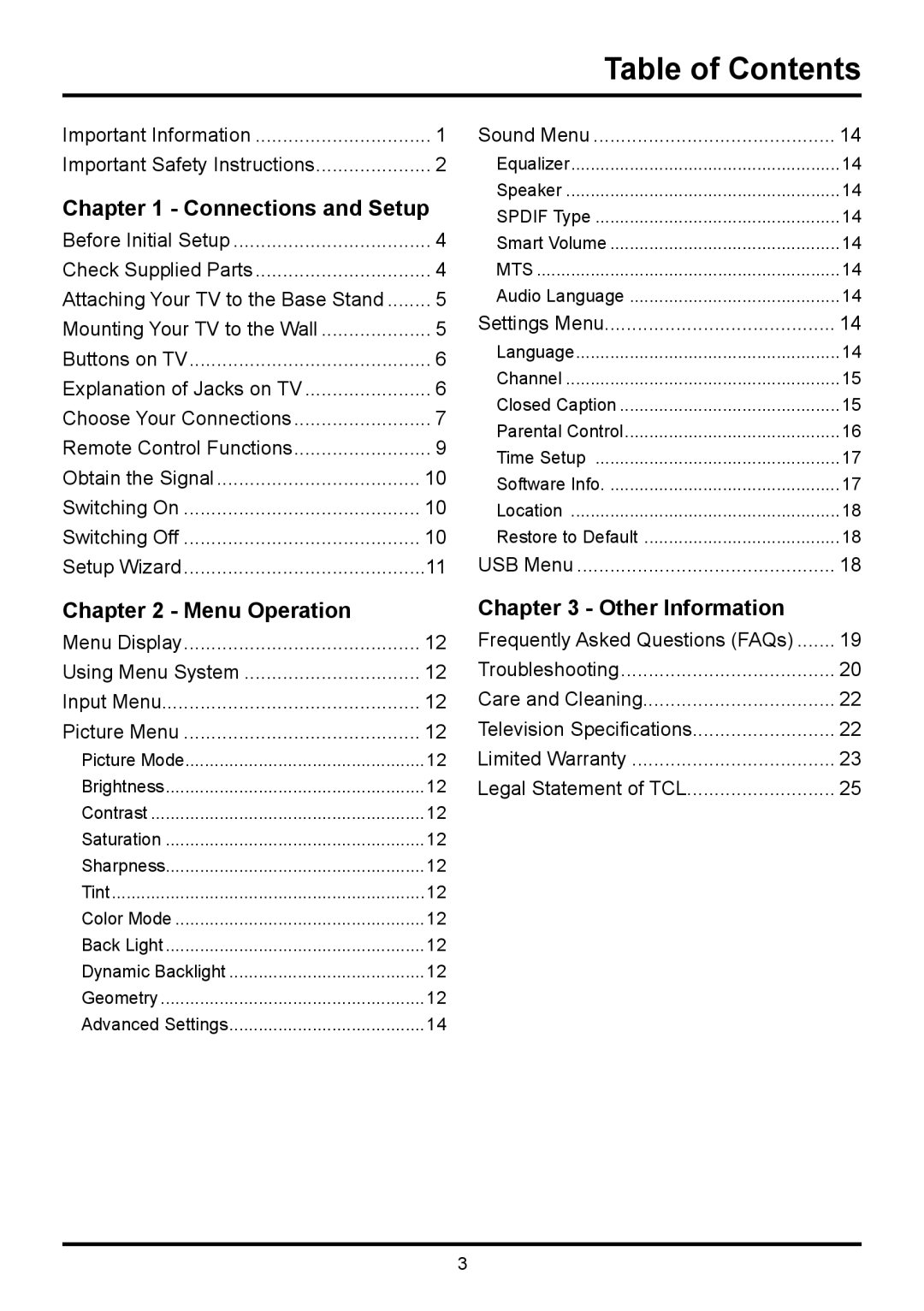 TTE Technology LE32HDF3010STA, LE32HDF3010TA manual Table of Contents 