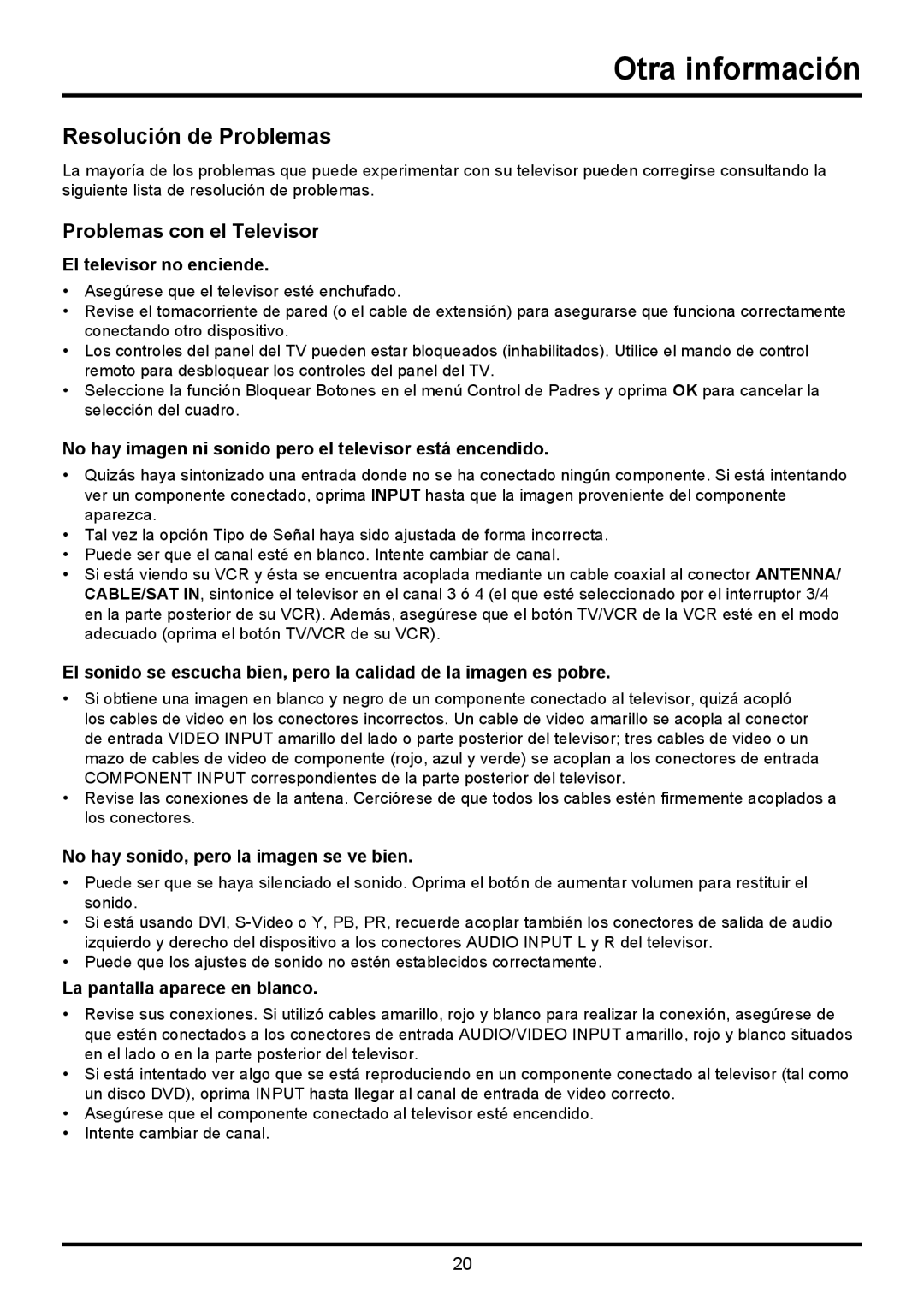 TTE Technology LE32HDF3010STA, LE32HDF3010TA manual Otra información, Resolución de Problemas, Problemas con el Televisor 